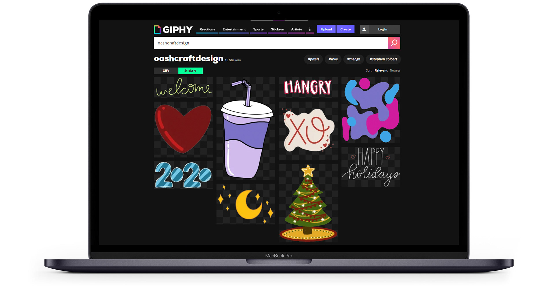 Mockup of Giphy.com search "oashcraftdesign" on a Macbook Pro