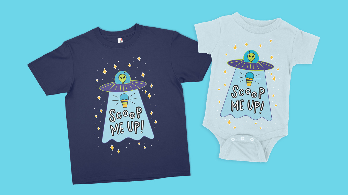 Mockups of "Scoop Me Up!" design on kids t-shirt and infant onesie