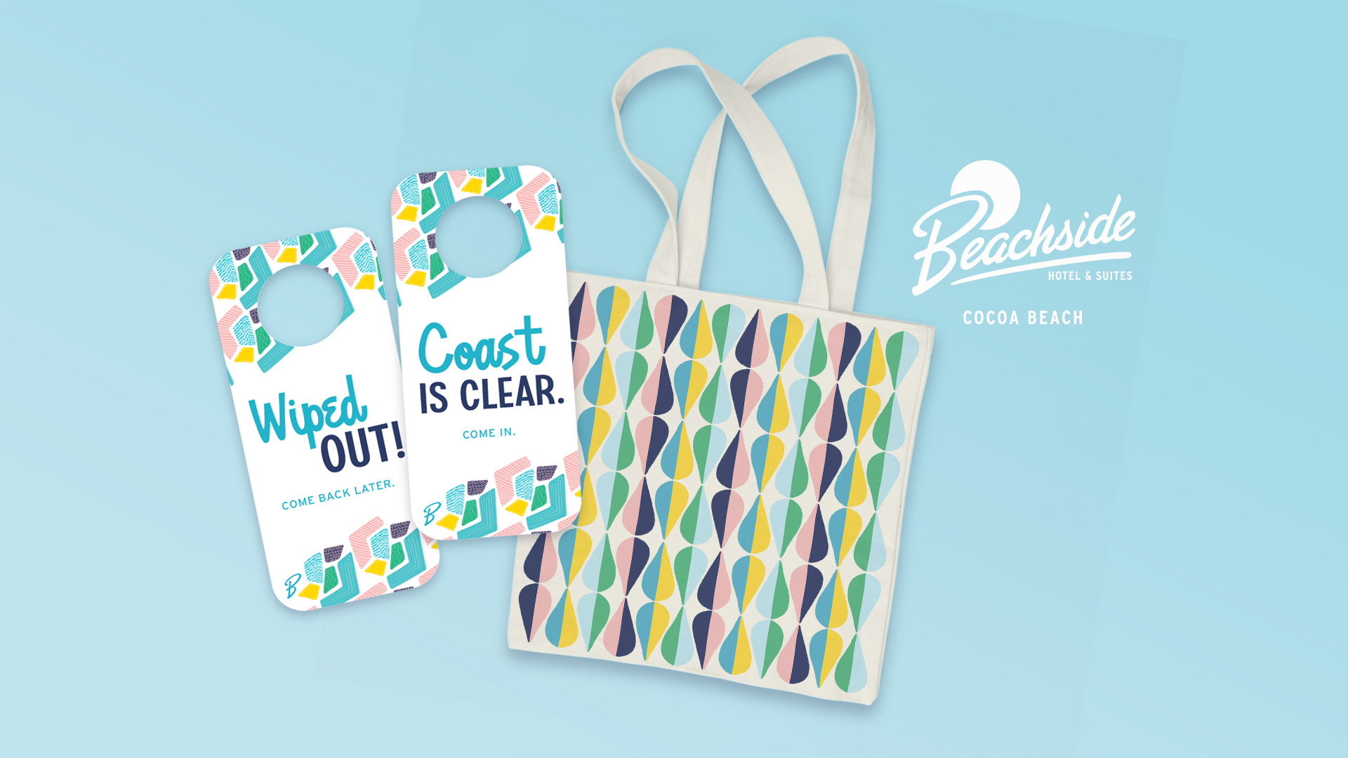 Mockup of do-not-disturb signs, tote bag, and logo on a light blue background