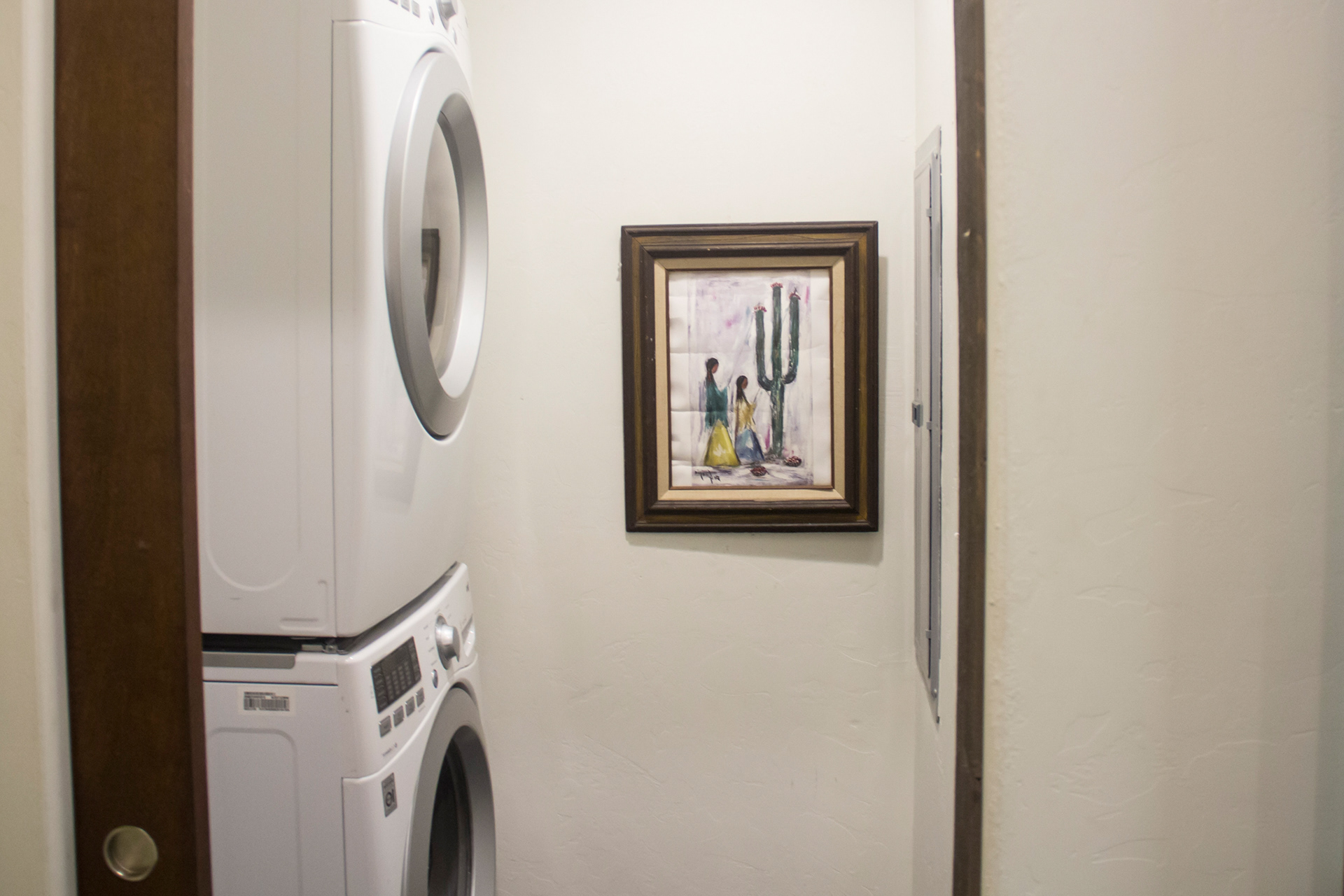 Stackable washer and dryer. Eco friendly laundry detergent provided as the washer drains directly to the landscape.