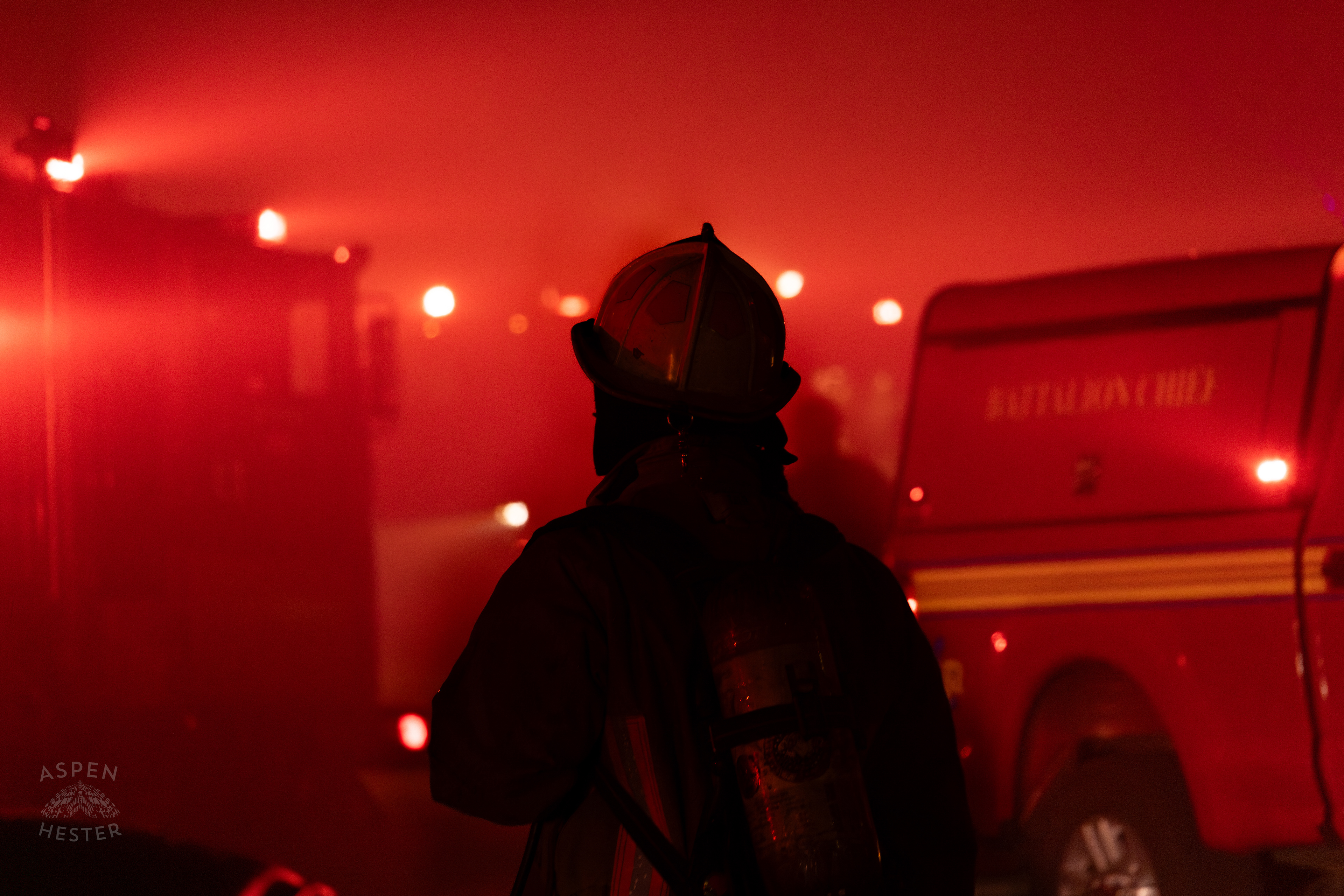 Firefighter on The Scene of a Massive 3 Alarm Blaze Engulfing The Vacant St. Paul's German Evangelical Church on East Broadway. October 9th, 2024/Aspen Hester