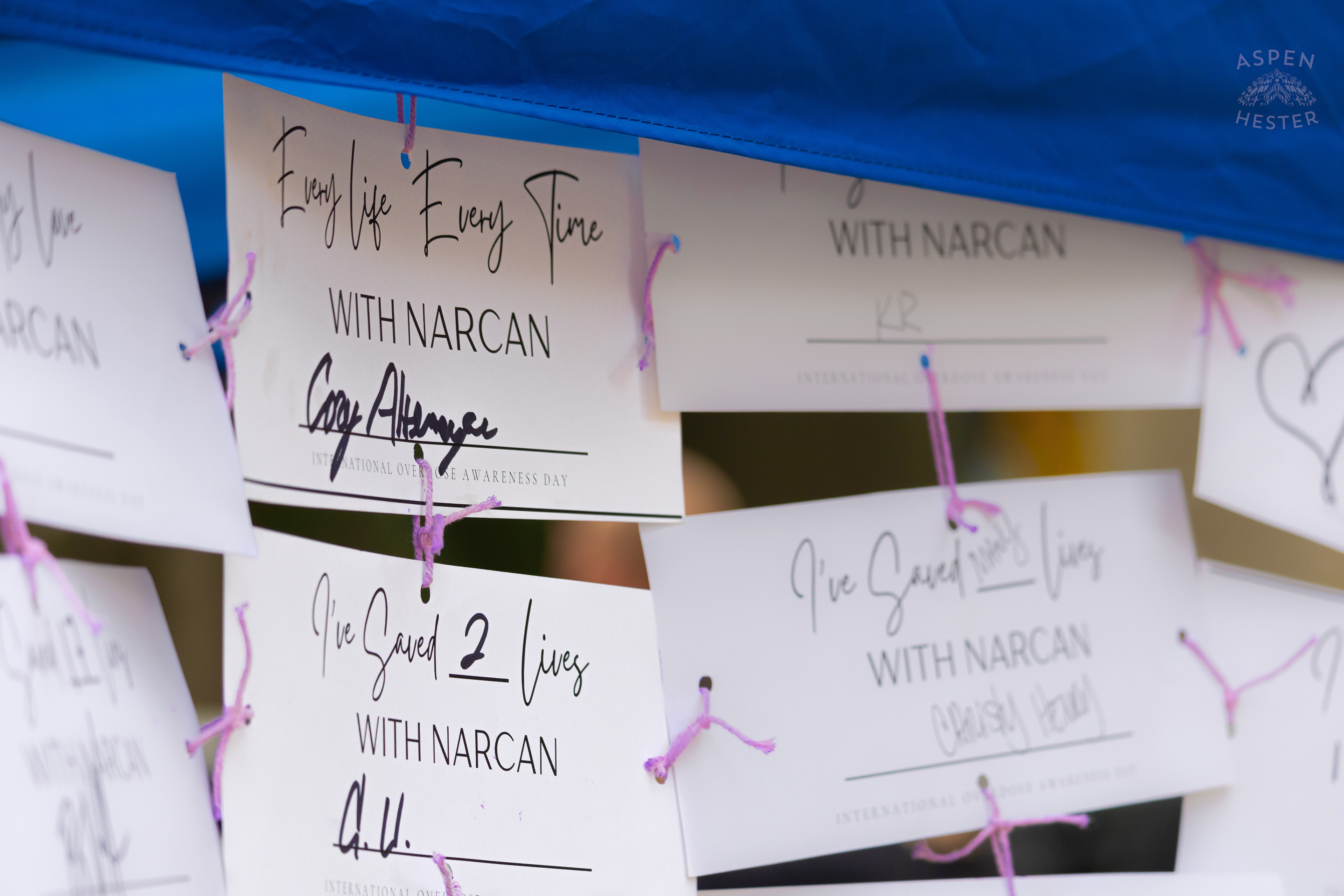 Cards Sharing Why People Carry Narcan with Them at The 3rd Annual Vocal KY International Overdose Awareness Day Rally and March. August 31st, 2024/Aspen Hester