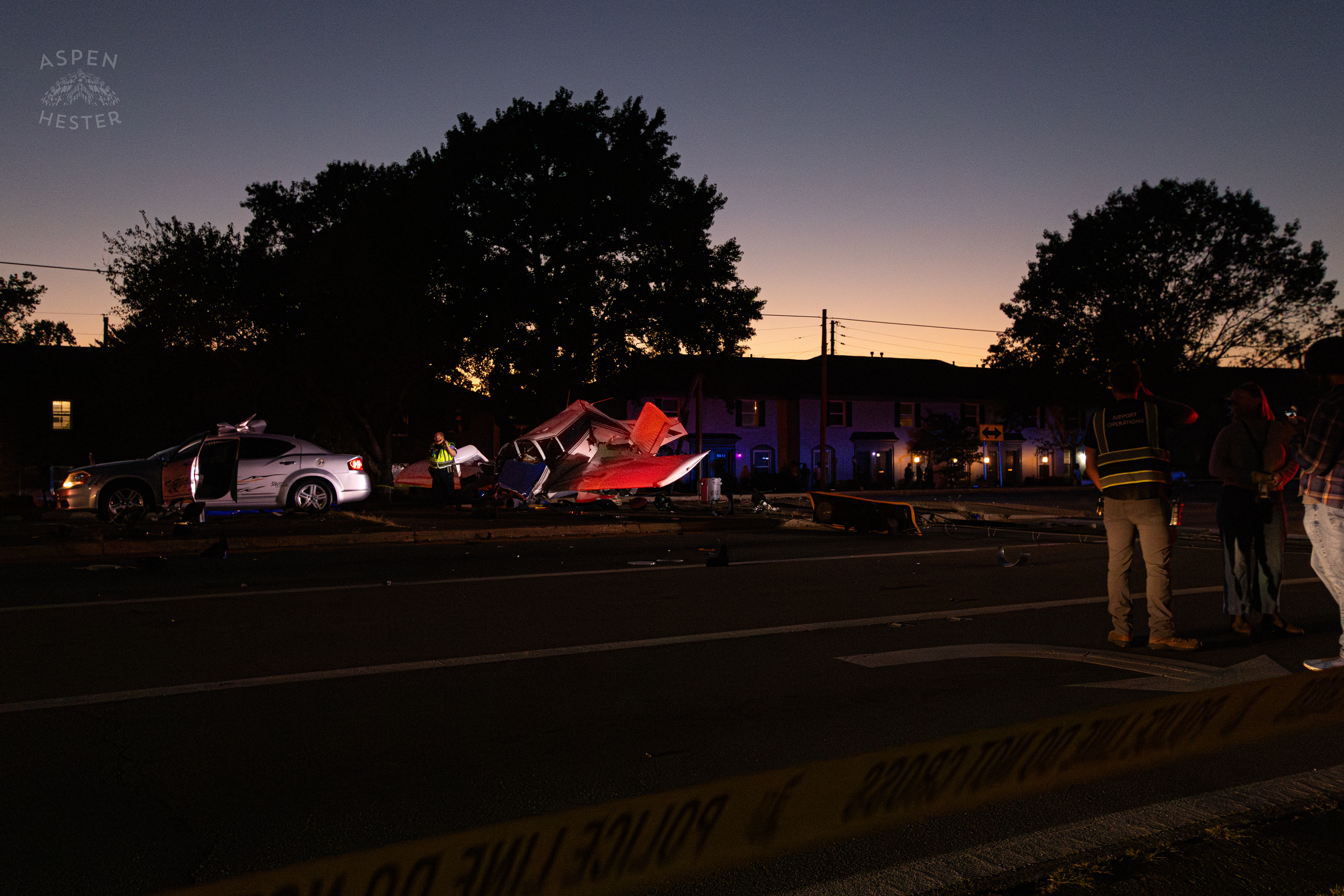 The Scene Where A Piper Cherokee Plane Crash Landed, Taking Out Utility Poles, and Hitting A Car on Breckenridge Lane and Kresge Way. October 11th, 2024/Aspen Hester 