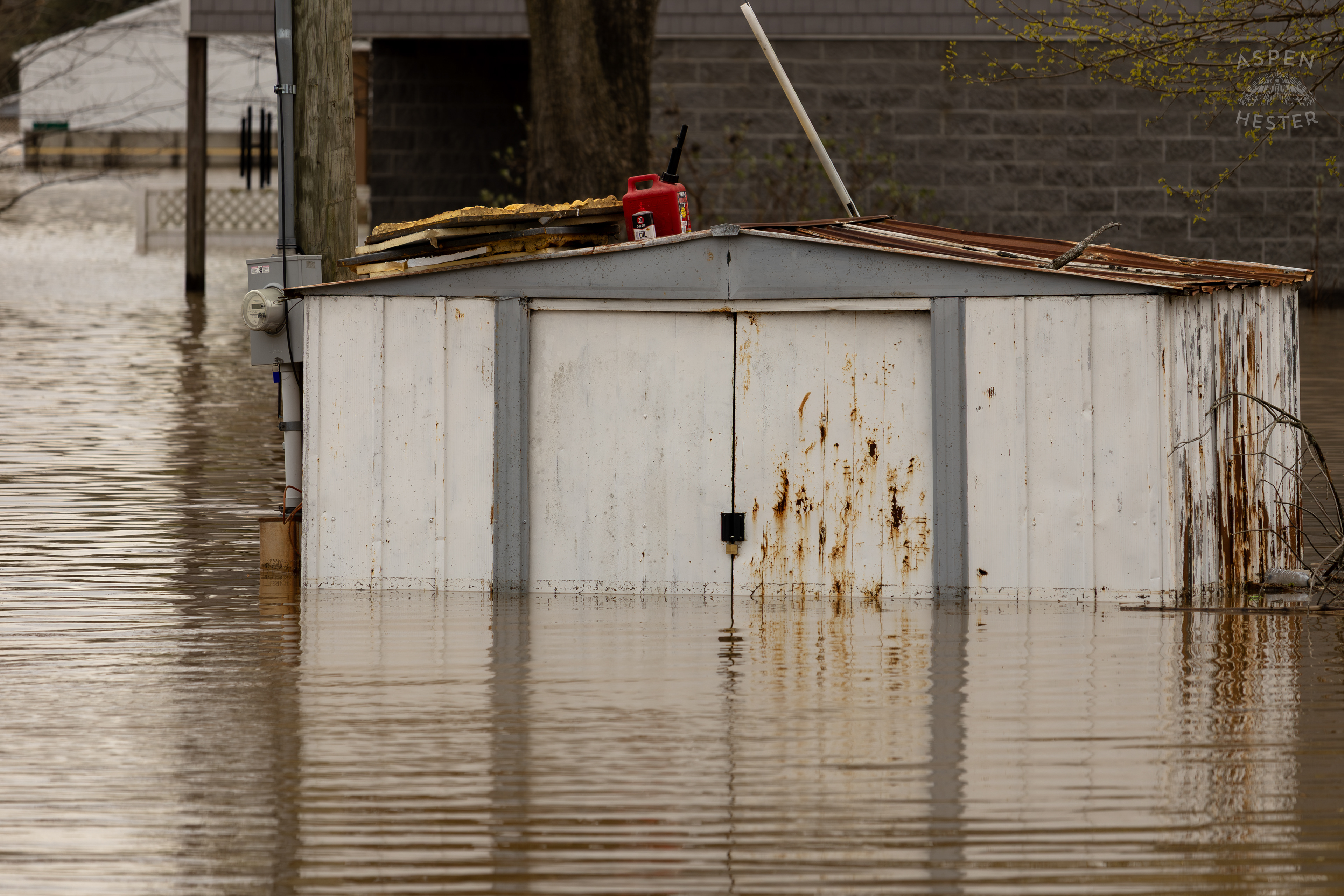 Water Creeping Halfway Up A Shed As The Ohio River Reaches Its Crest Amid The Historic Flooding in Utica Indiana. April 9th, 2025/Aspen Hester
