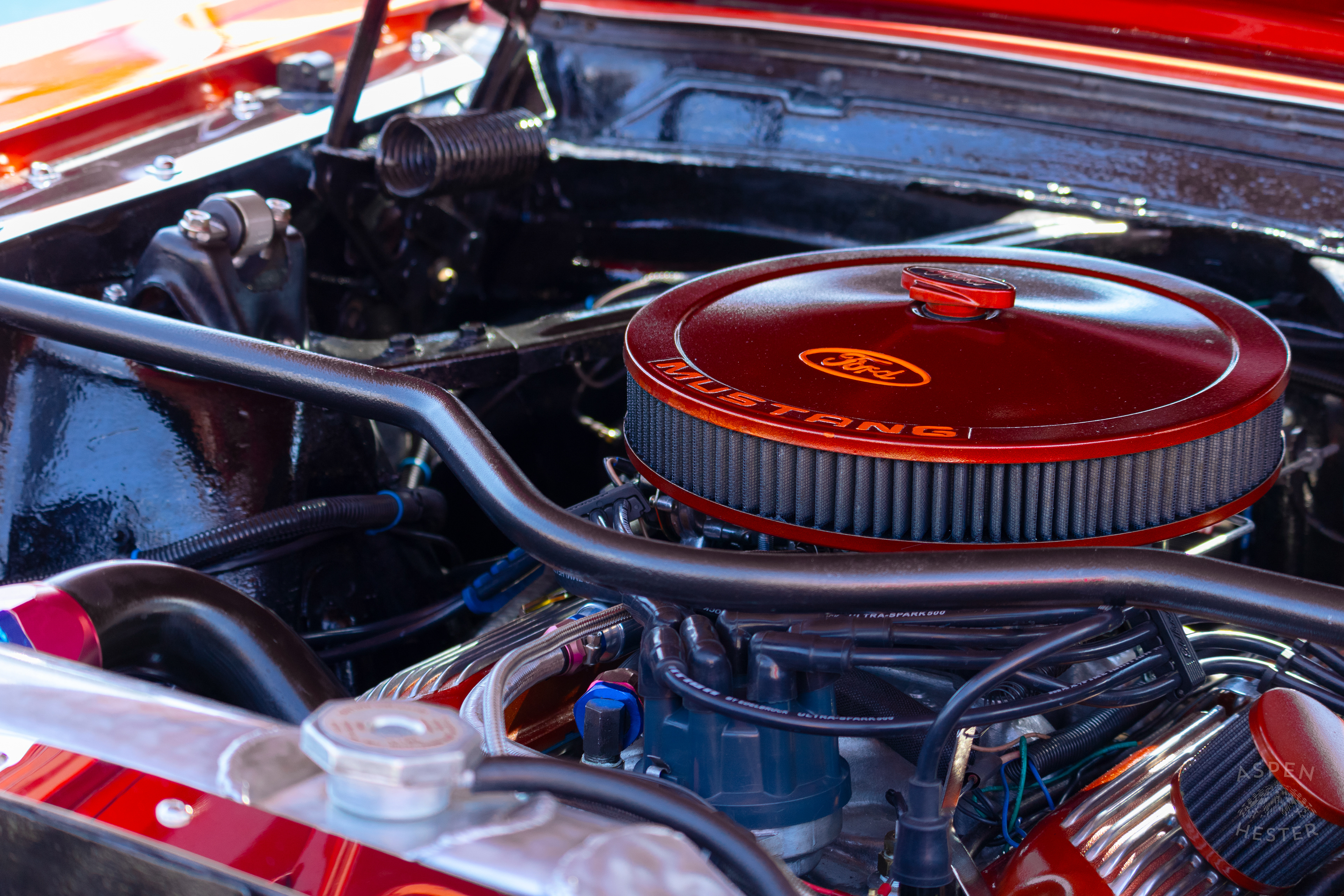 The Engine of A Red 1965 Ford Mustang on Display at The 2024 Jeffersontown Gaslight Festival. September 15th, 2024/Aspen Hester