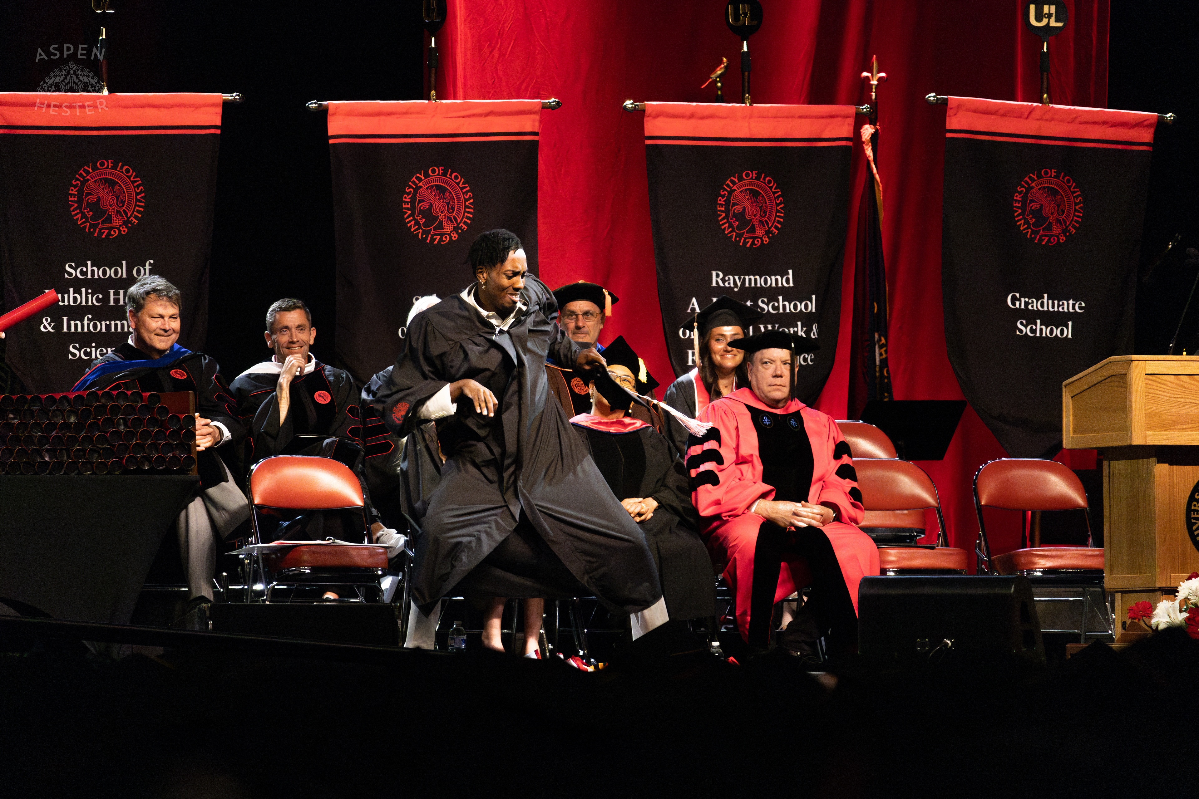 Student Celebrating at UofL's 2024 Spring Graduation. May 11th, 2024/Aspen Hester