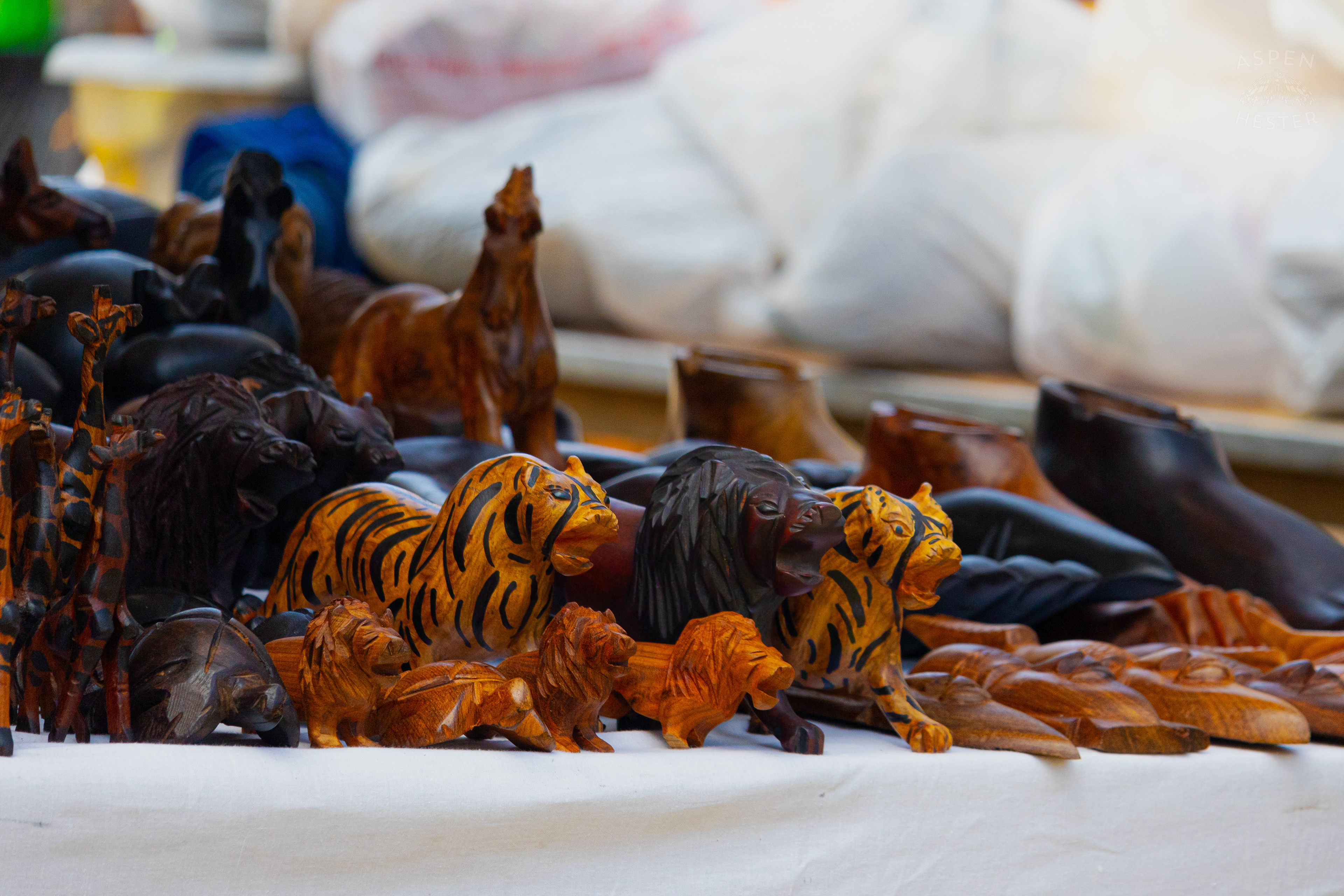 Senegalese Animal Carvings Being Sold by Niang African Art at Opening Day of The 22nd Annual WorldFest. August 30th, 2024. Aspen HesterNiang African Art