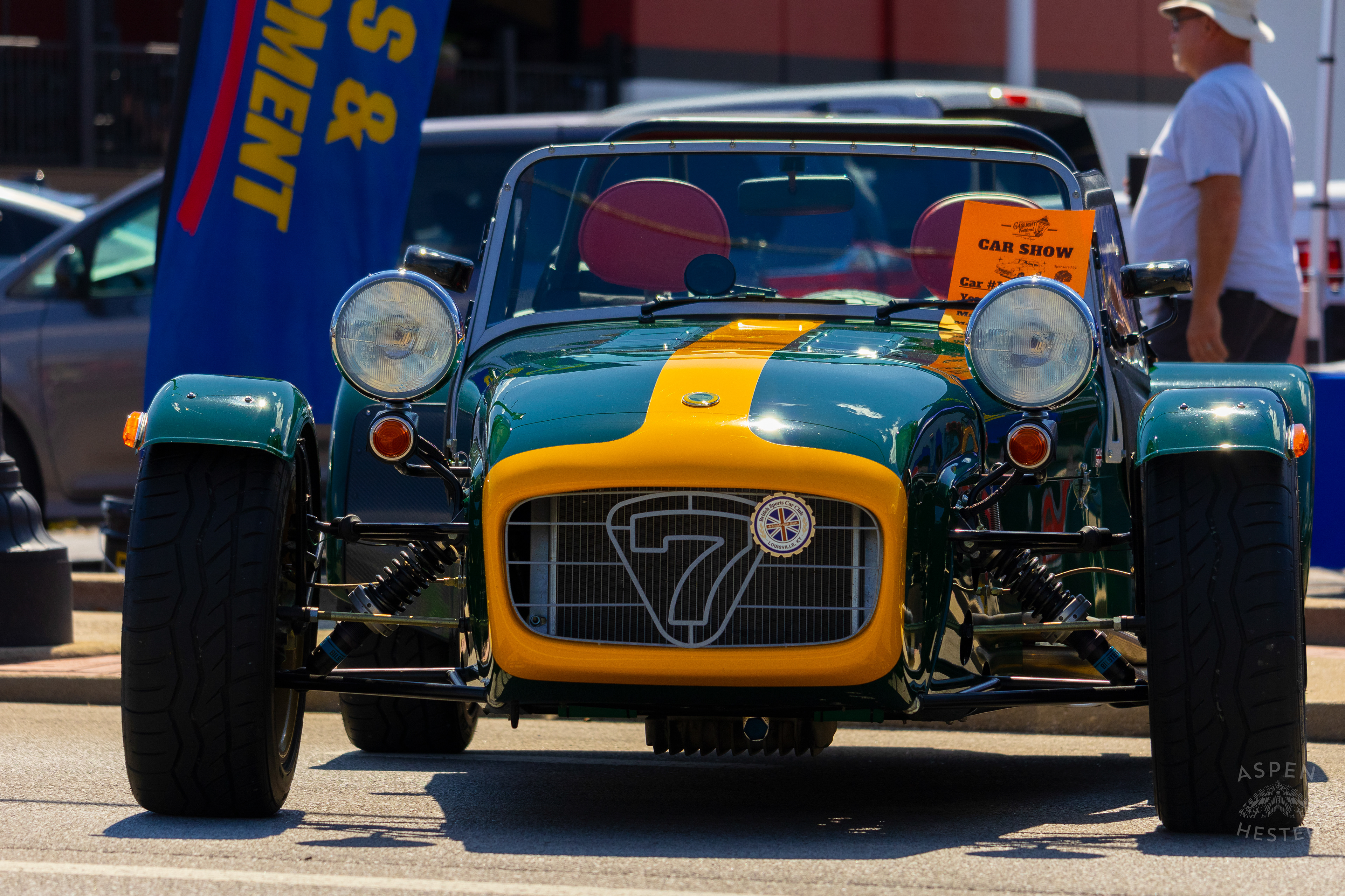 A Green and Yellow 2005 Caterham Seven on Display at The 2024 Jeffersontown Gaslight Festival. September 15th, 2024/Aspen Hester