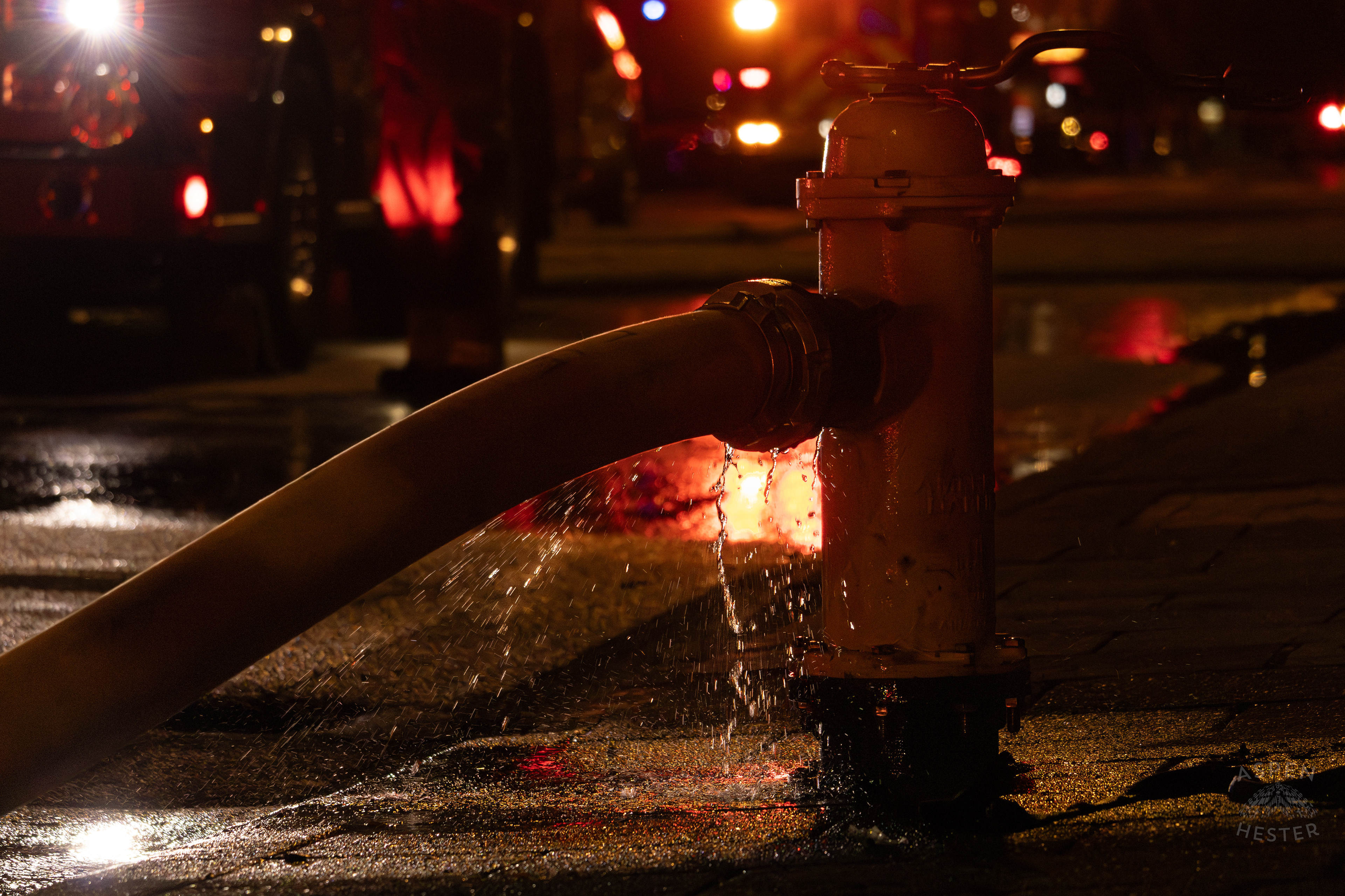 Fire Hydrant Being Used to Battle The Massive 3 Alarm Blaze Engulfing The Vacant St. Paul's German Evangelical Church on East Broadway. October 9th, 2024/Aspen Hester