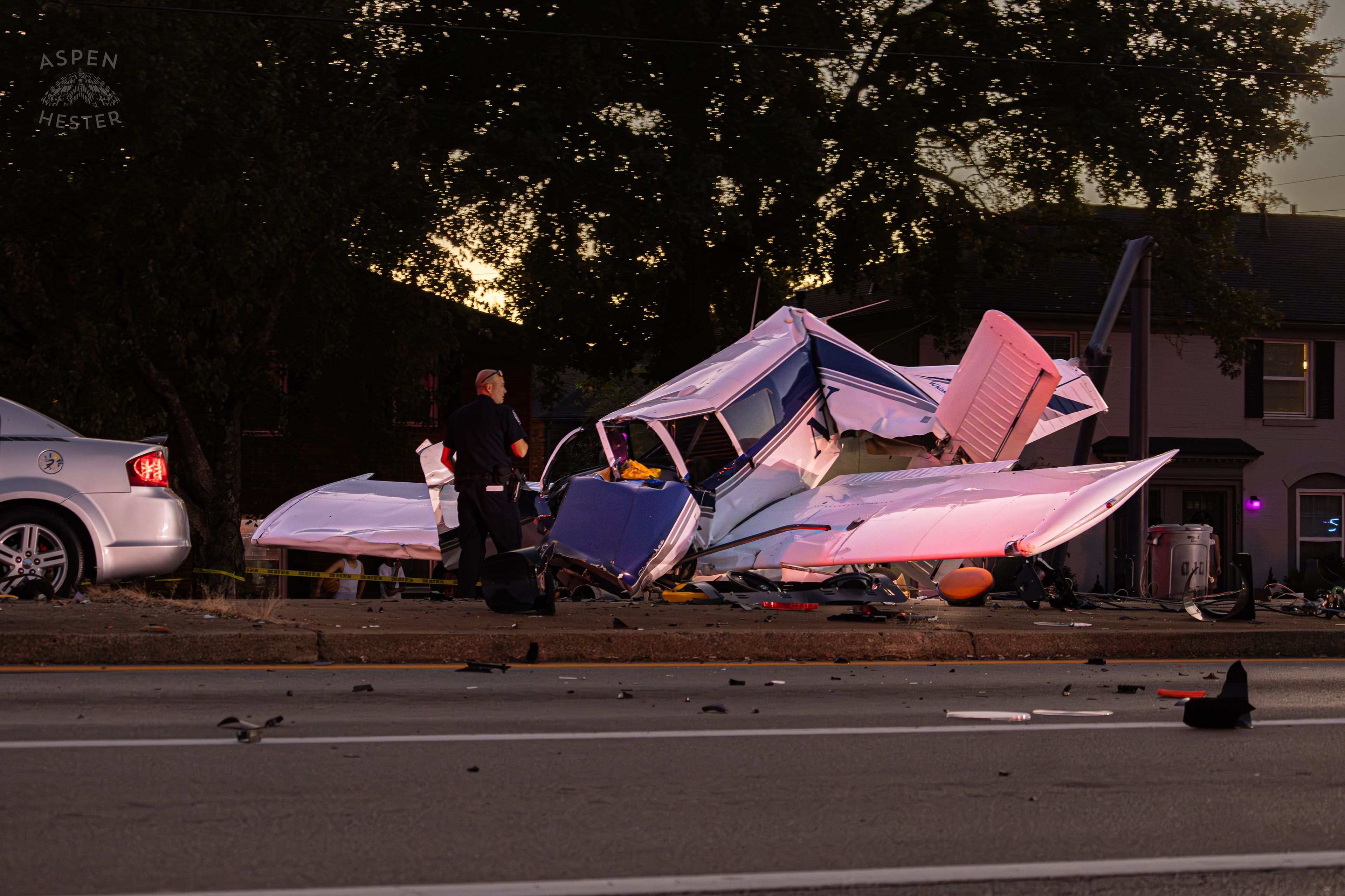 The Piper Cherokee Plane Crumpled after it Crash Landed, Taking Out Utility Poles, and Hitting A Car on Breckenridge Lane and Kresge Way. October 11th, 2024/Aspen Hester 