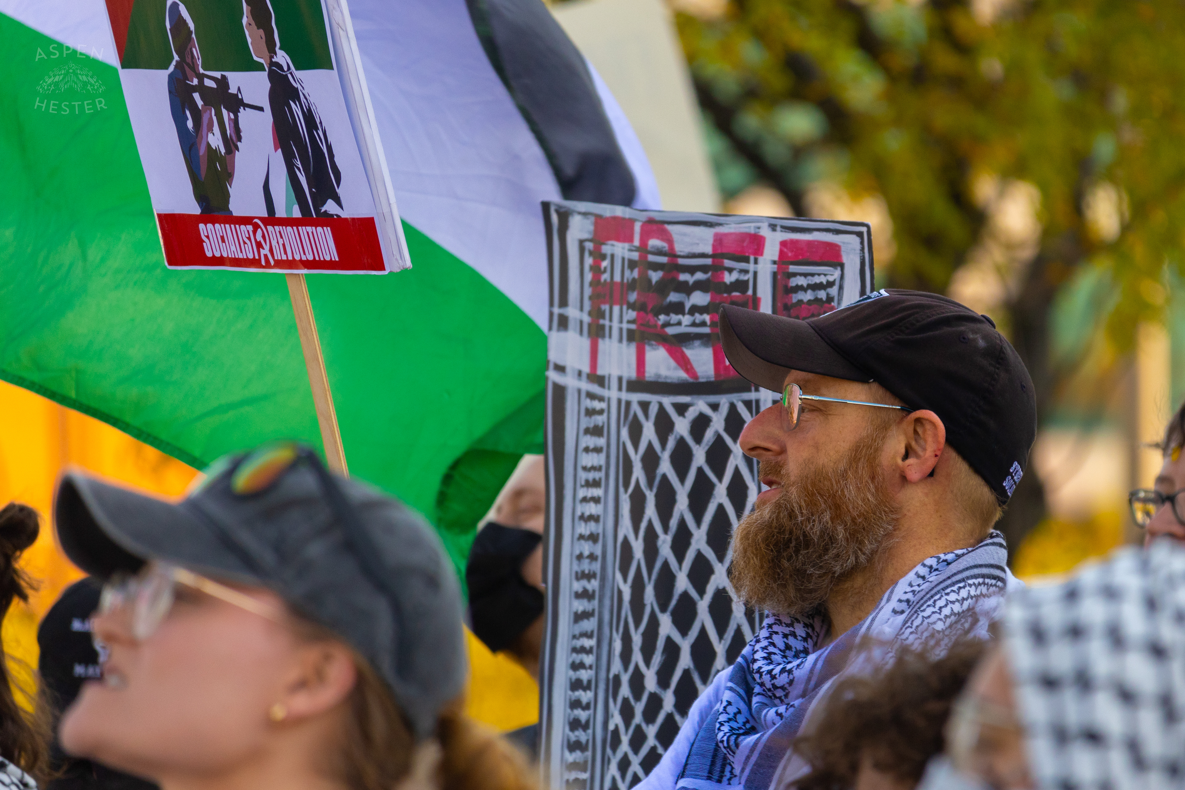 Protesters Standing Strong and Demanding Divestment and Peace During Lousiville’s One Year of Gaza Genocide Rally. October 5th, 2024/Aspen Hester 