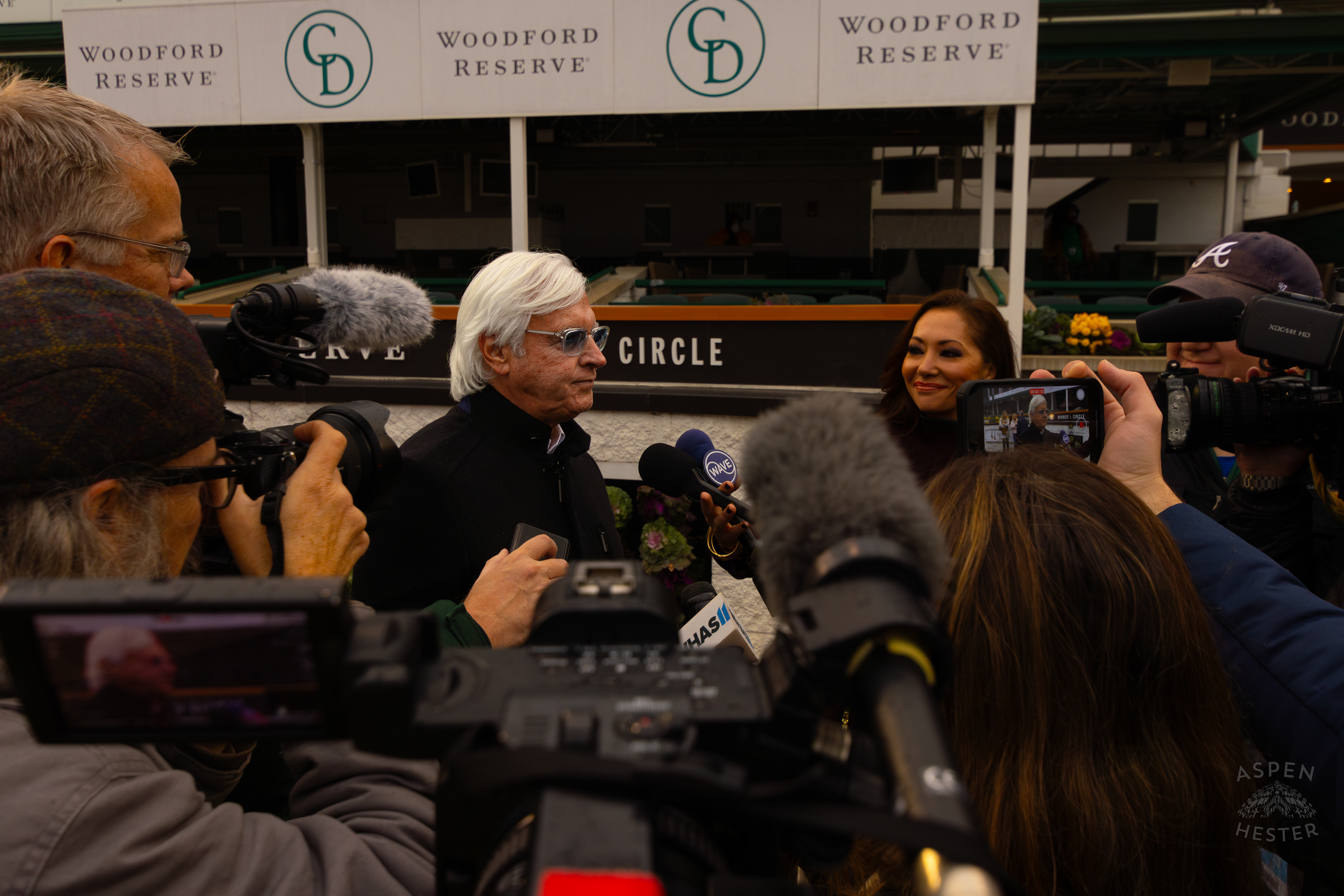 Bob Baffert Surrounded By Local Reporters After Winning His First Race Back at Churchill Downs After A 3 Year Suspension. November 27th, 2024/Aspen Hester