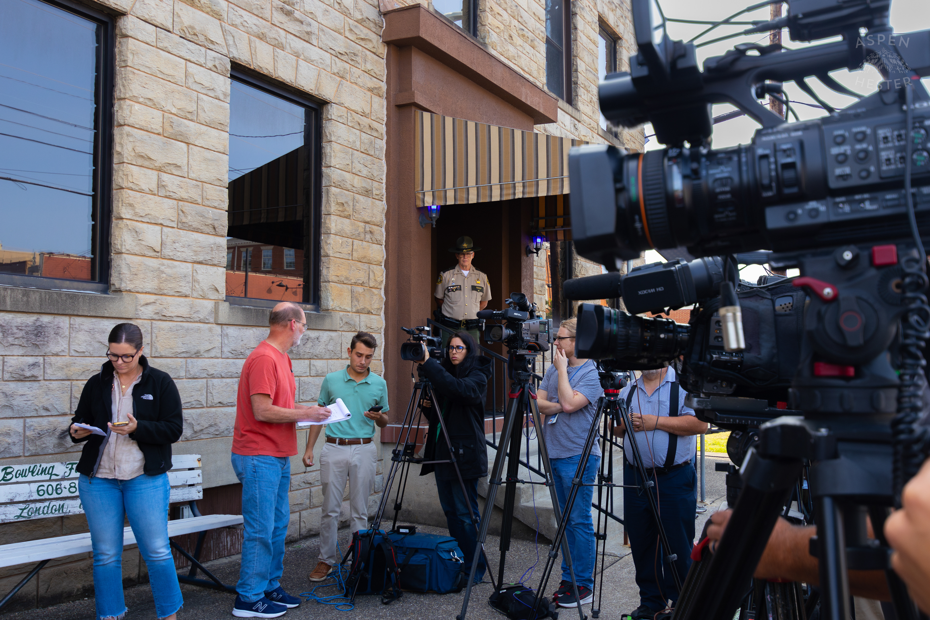 Local and National Media Waiting for Another Briefing About The Ongoing Search for Joseph Couch The Man Suspected of Shooting at Least 12 Cars and Wounding 5 People Driving Past Exit 49 on I-75 in London KY. September 8th, 2024/Aspen Hester