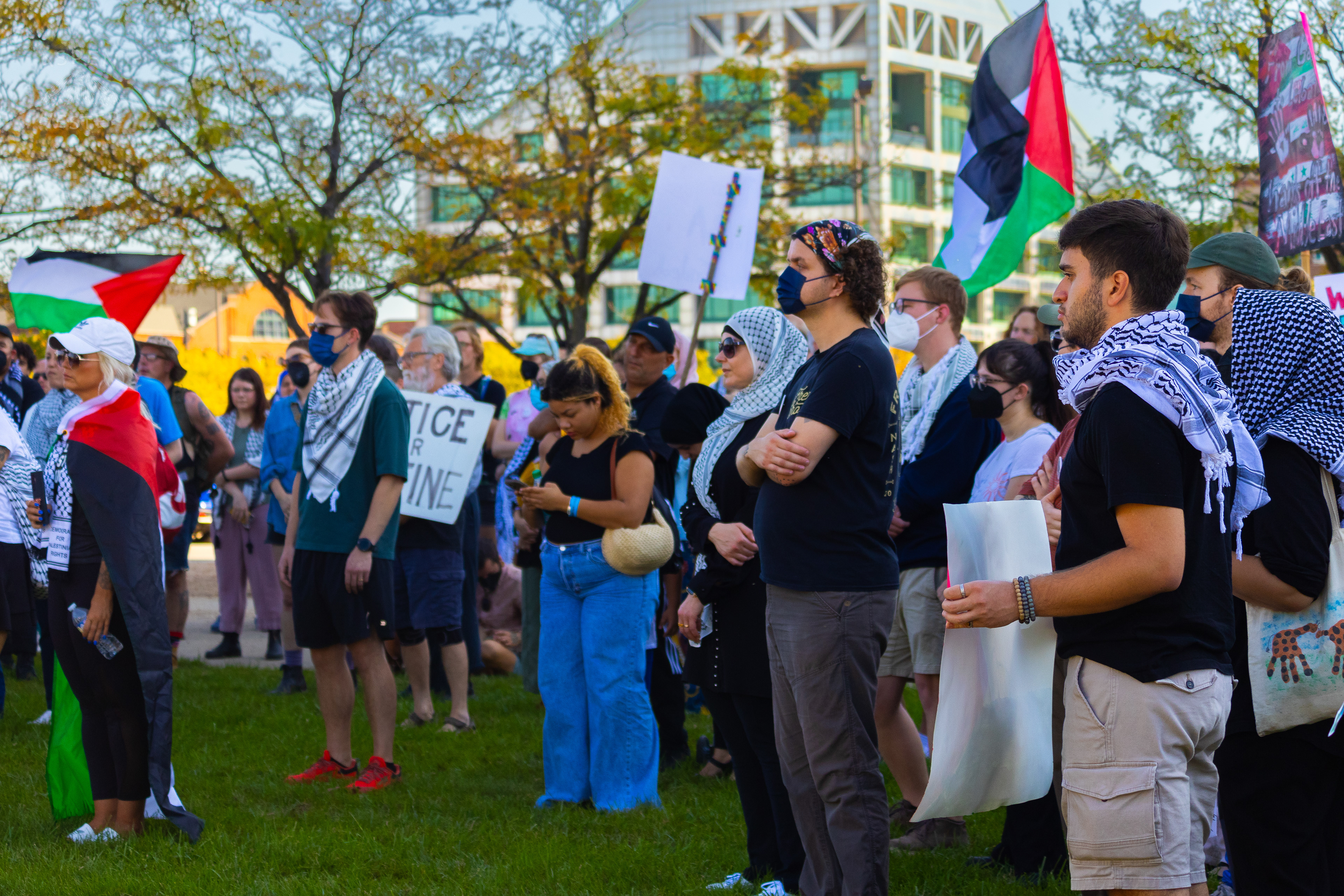 Protesters Standing Strong and Demanding Divestment and Peace During Lousiville’s One Year of Gaza Genocide Rally. October 5th, 2024/Aspen Hester 