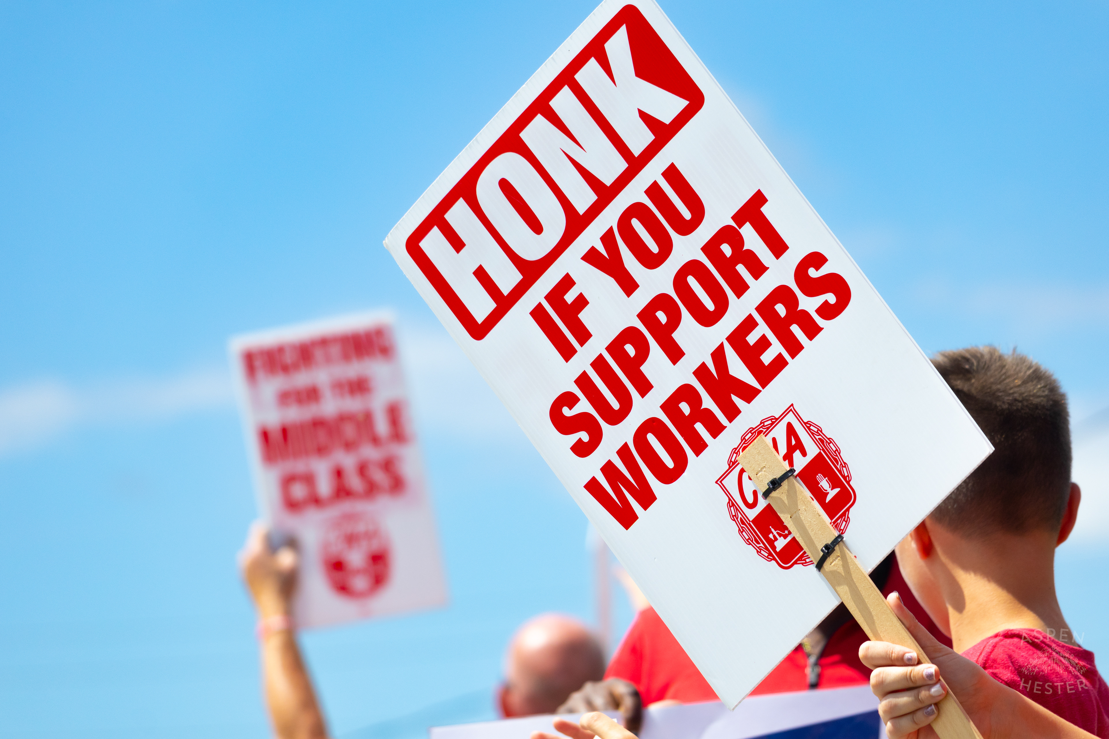 "HONK IF YOU SUPPORT WORKERS" Sign Used by A Member of The Communication Workers of America Union Striking Against AT&T for Fair Pay and Benefits. August 18th, 2024/Aspen Hester