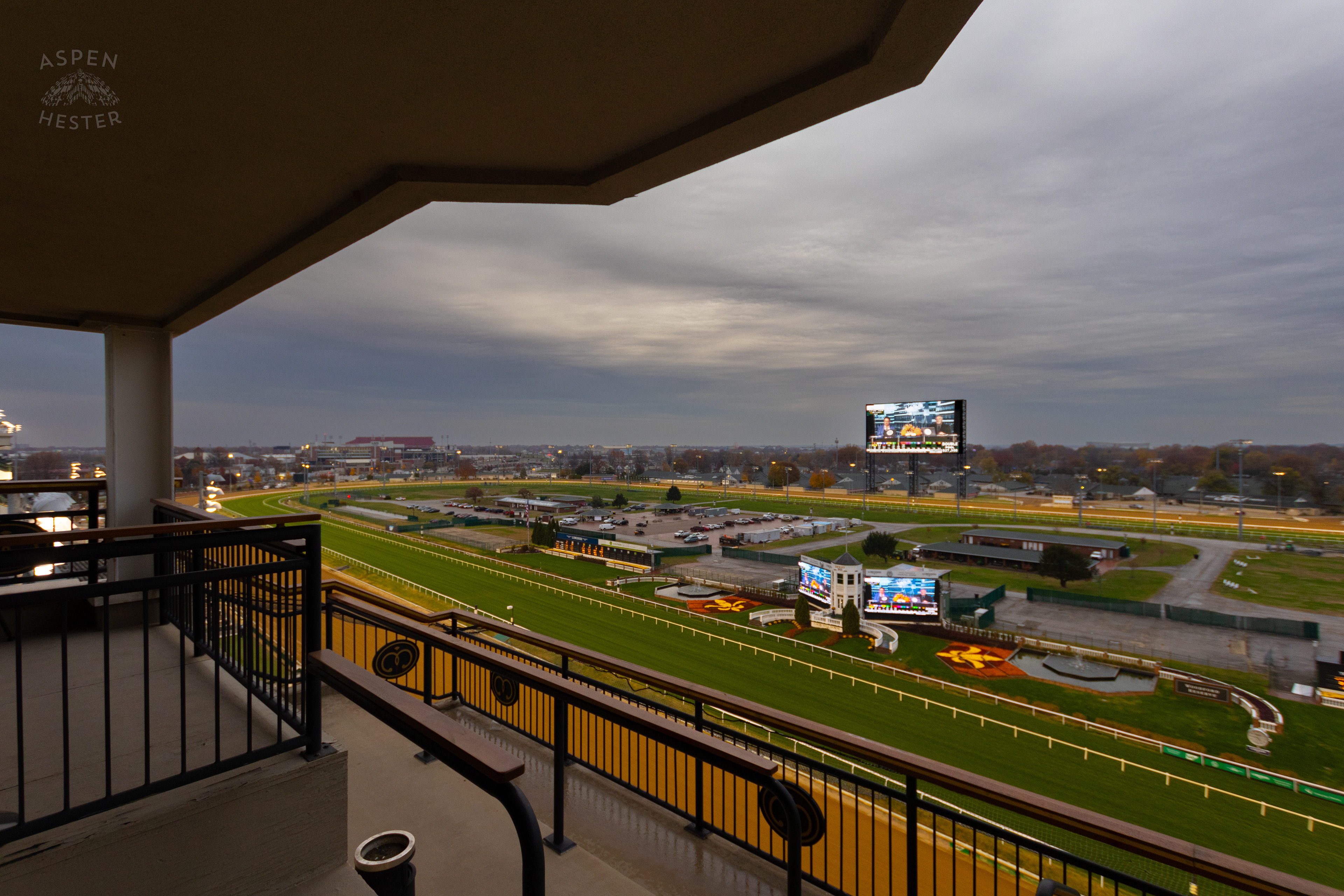 The Track Seen From The 6th Floor Mansion Balcony On The Day Bob Baffert Returned to Churchill Downs After A 3 Year Suspension. November 27th, 2024/Aspen Hester