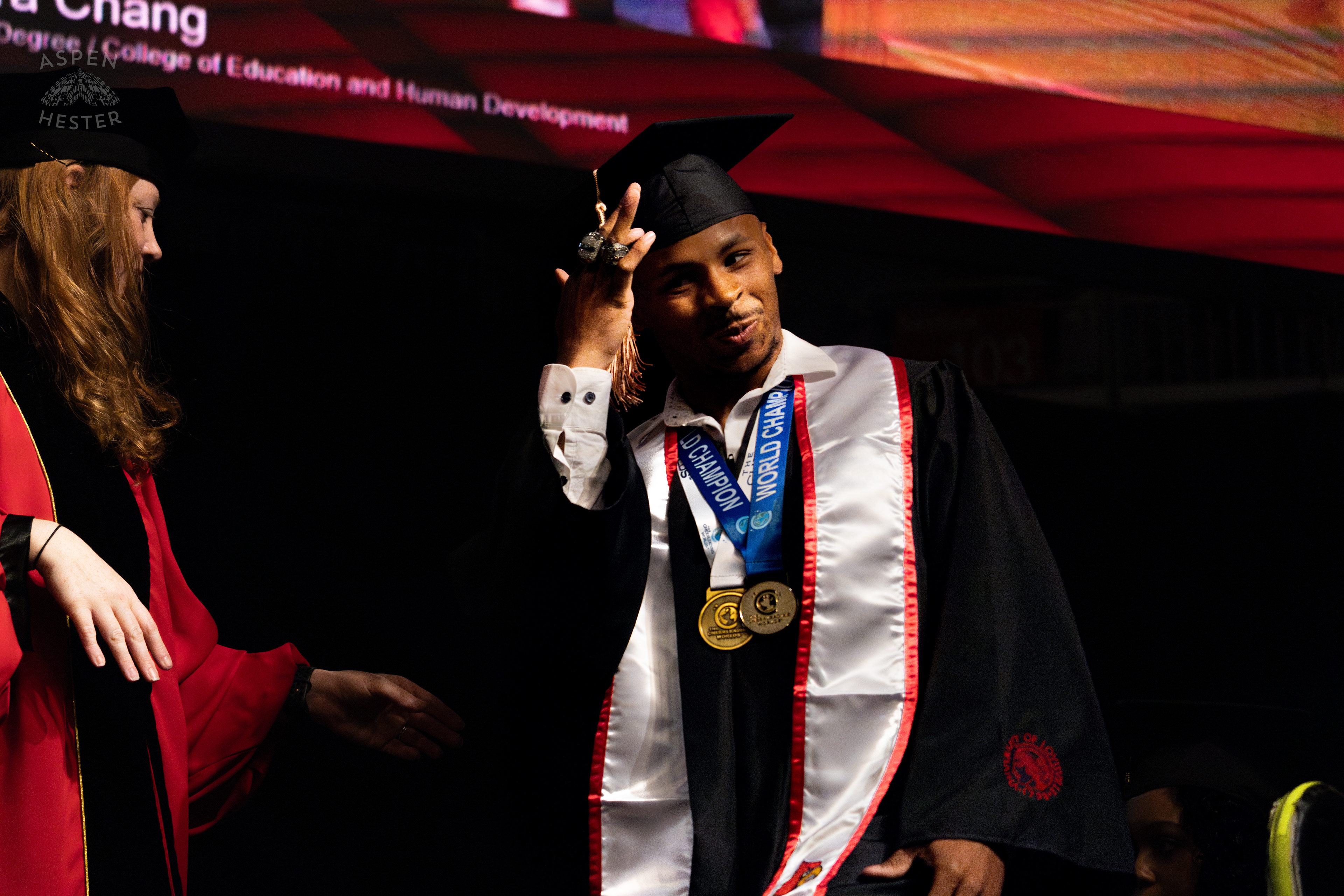 Student Celebrating at UofL's 2024 Spring Graduation. May 11th, 2024/Aspen Hester