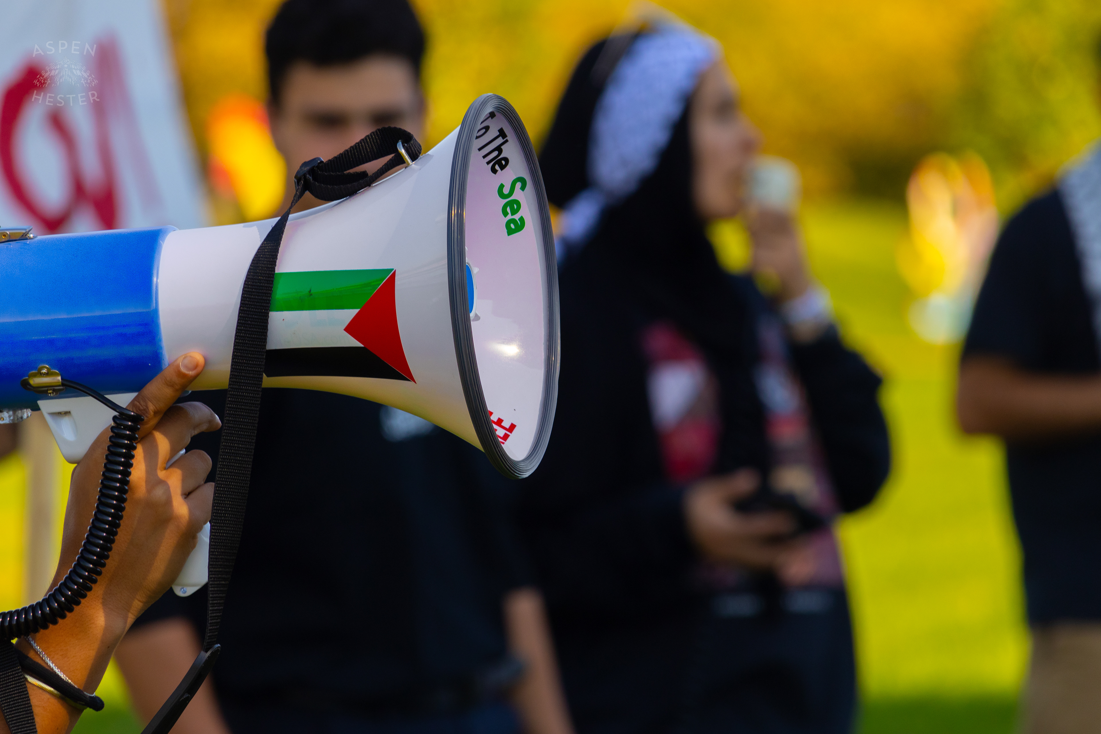 Palestinian Flag Displayed on A Megaphone During Louisville's One Year of Gaza Genocide Rally. October 5th, 2024/Aspen Hester 