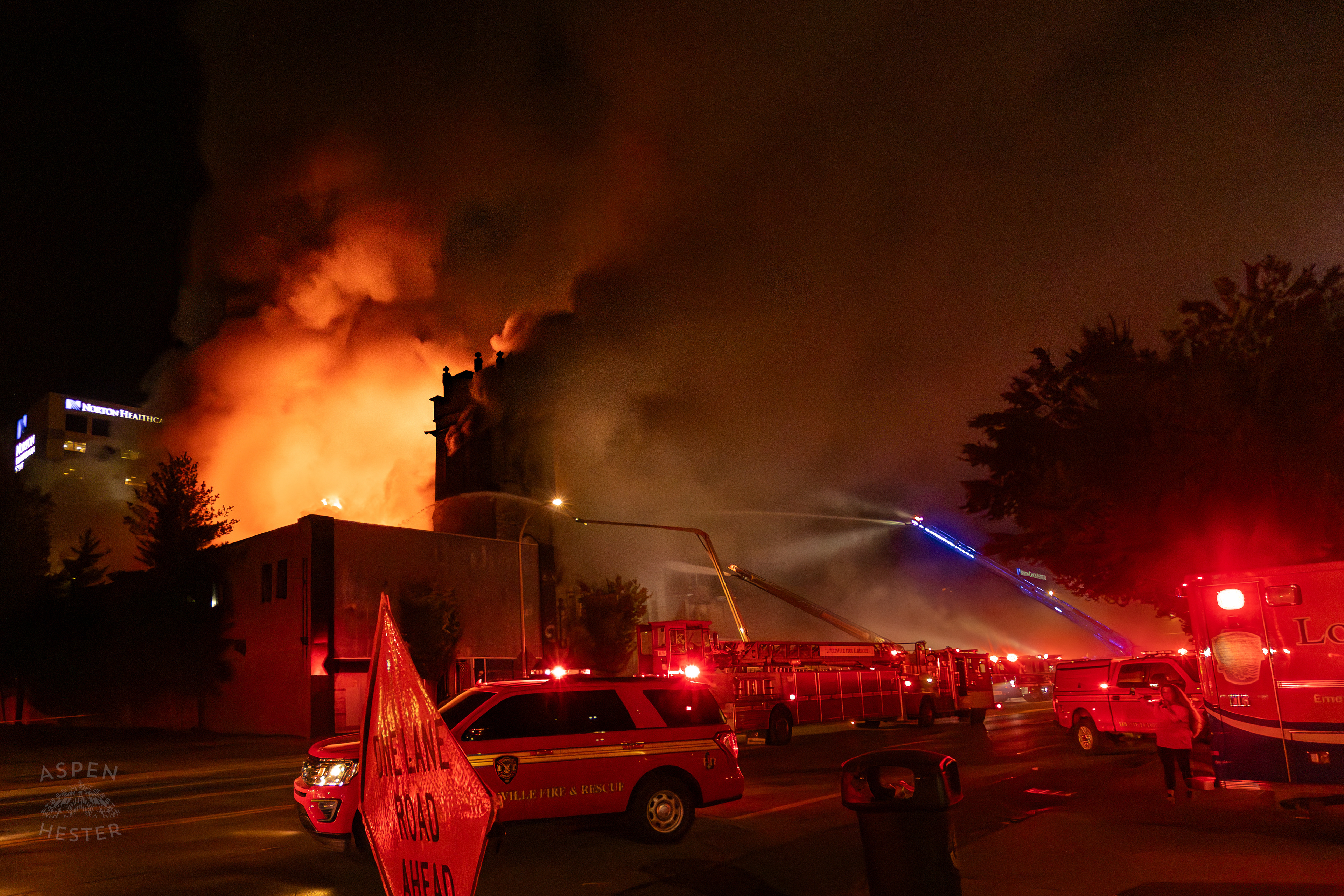 Large Flames Pouring Out of The Vacant St. Paul's German Evangelical Church Battled by Firefighting Ariels as a Massive 3 Alarm Blaze Engulfs it on East Broadway. October 9th, 2024/Aspen Hester