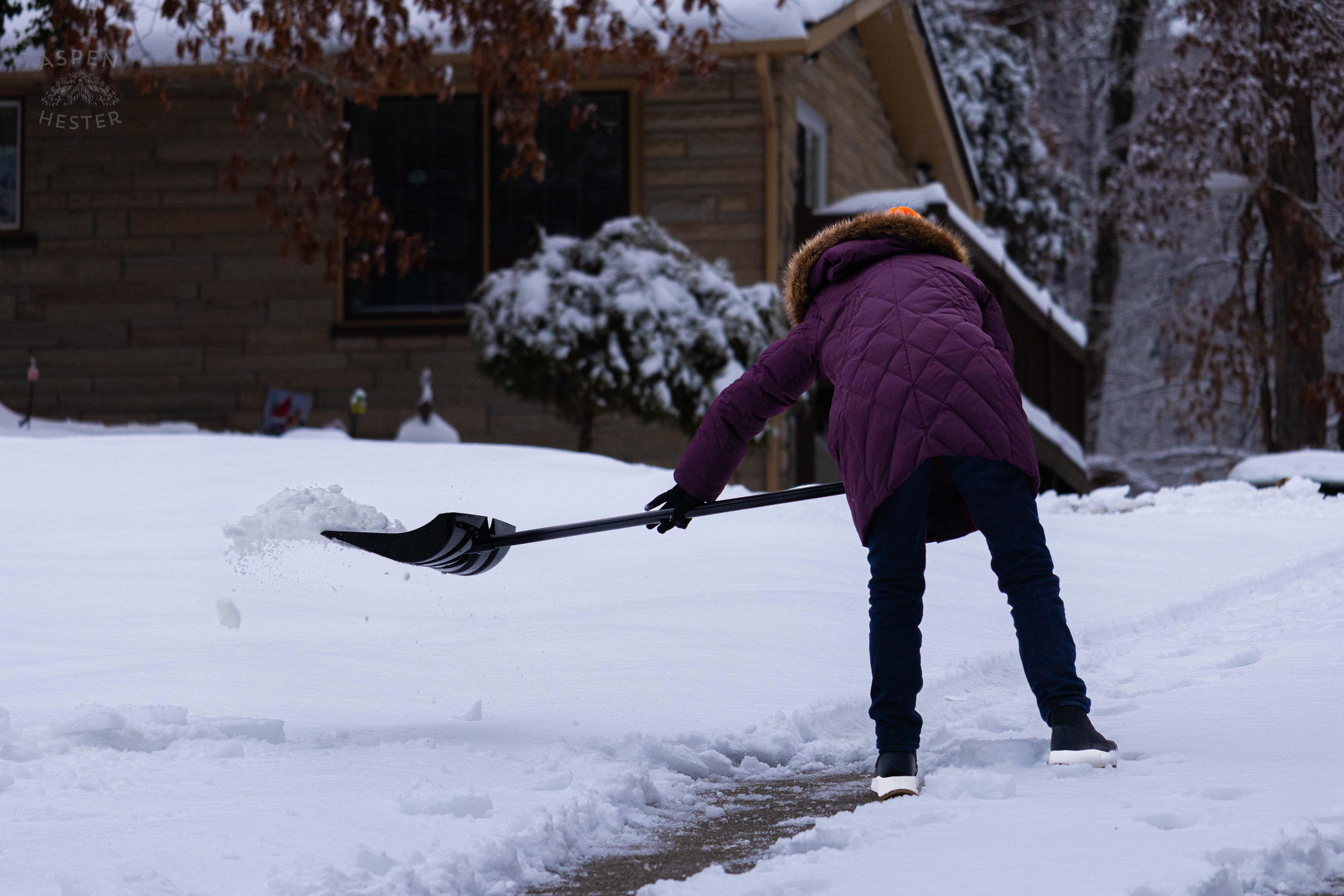 Susan Orloff Shoveling Her Long Waverly Hills Driveway After Winter Storm Blair Dropped Inches of Snow and Ice. January 6th, 2025/Aspen Hester