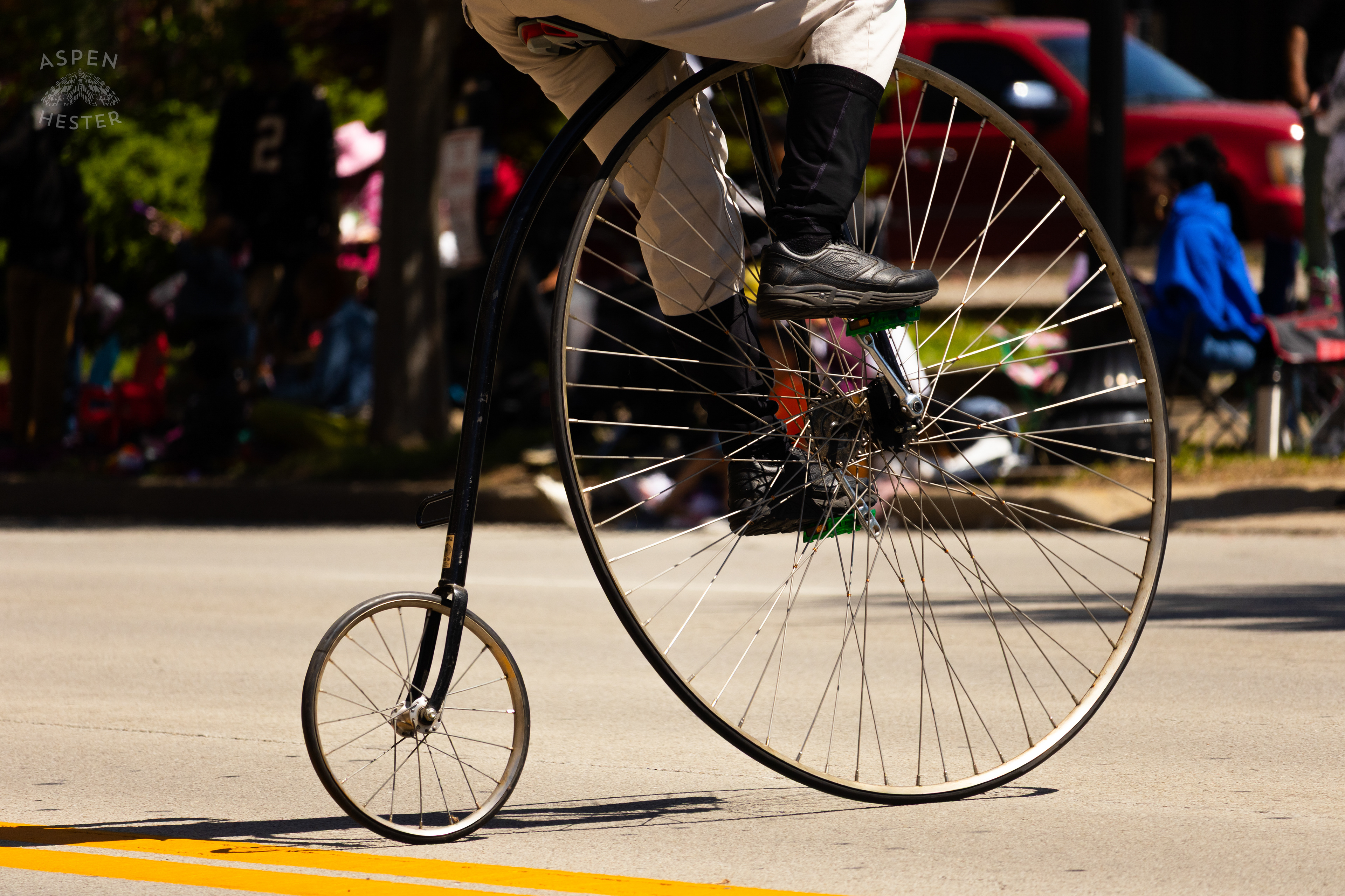 The Victorian Bike Riding Jockeys Glide Down West Broadway for The 70th Annual Pegasus Parade. April 27th, 2025/Aspen Hester