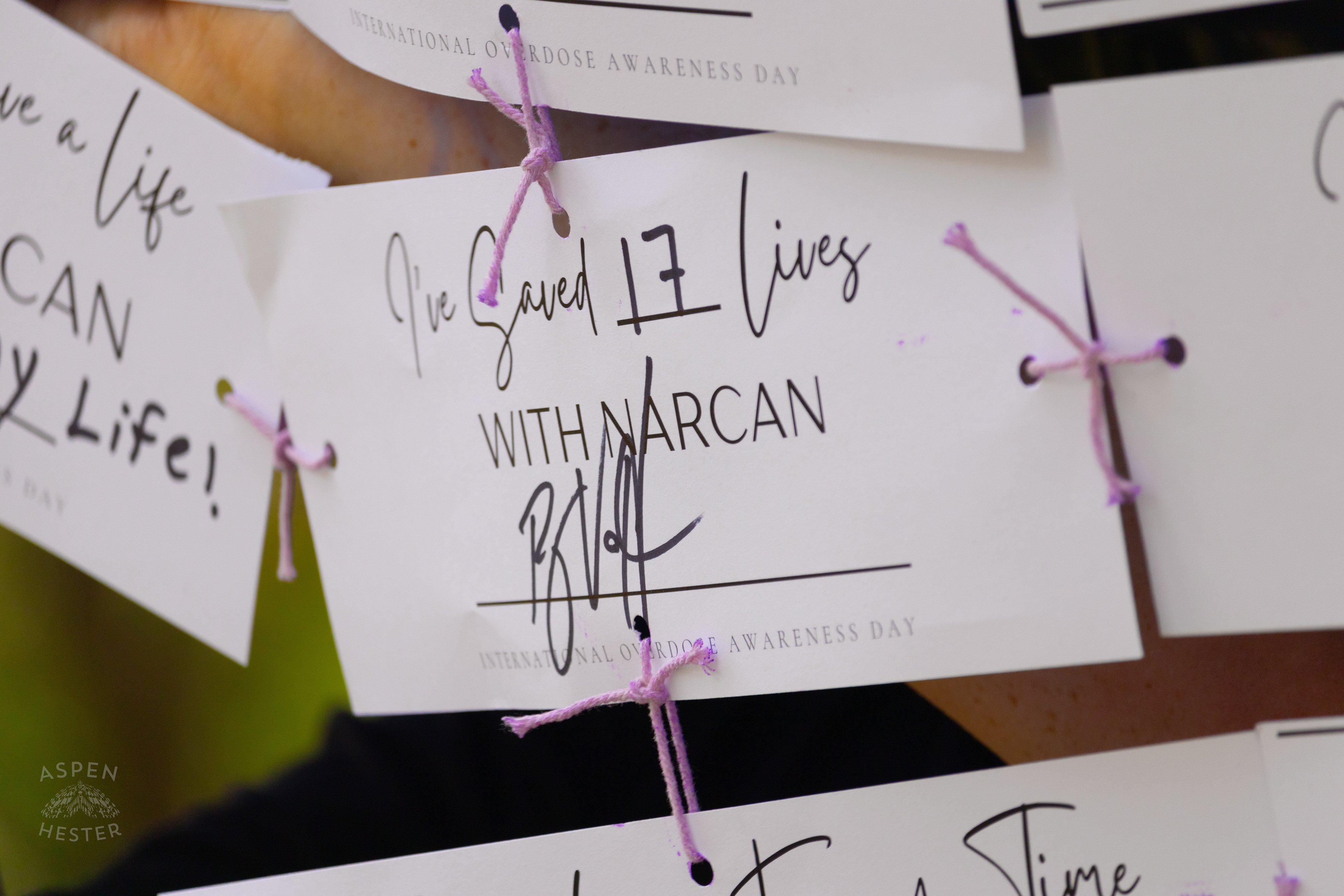 Cards Sharing Why People Carry Narcan with Them at The 3rd Annual Vocal KY International Overdose Awareness Day Rally and March. August 31st, 2024/Aspen Hester