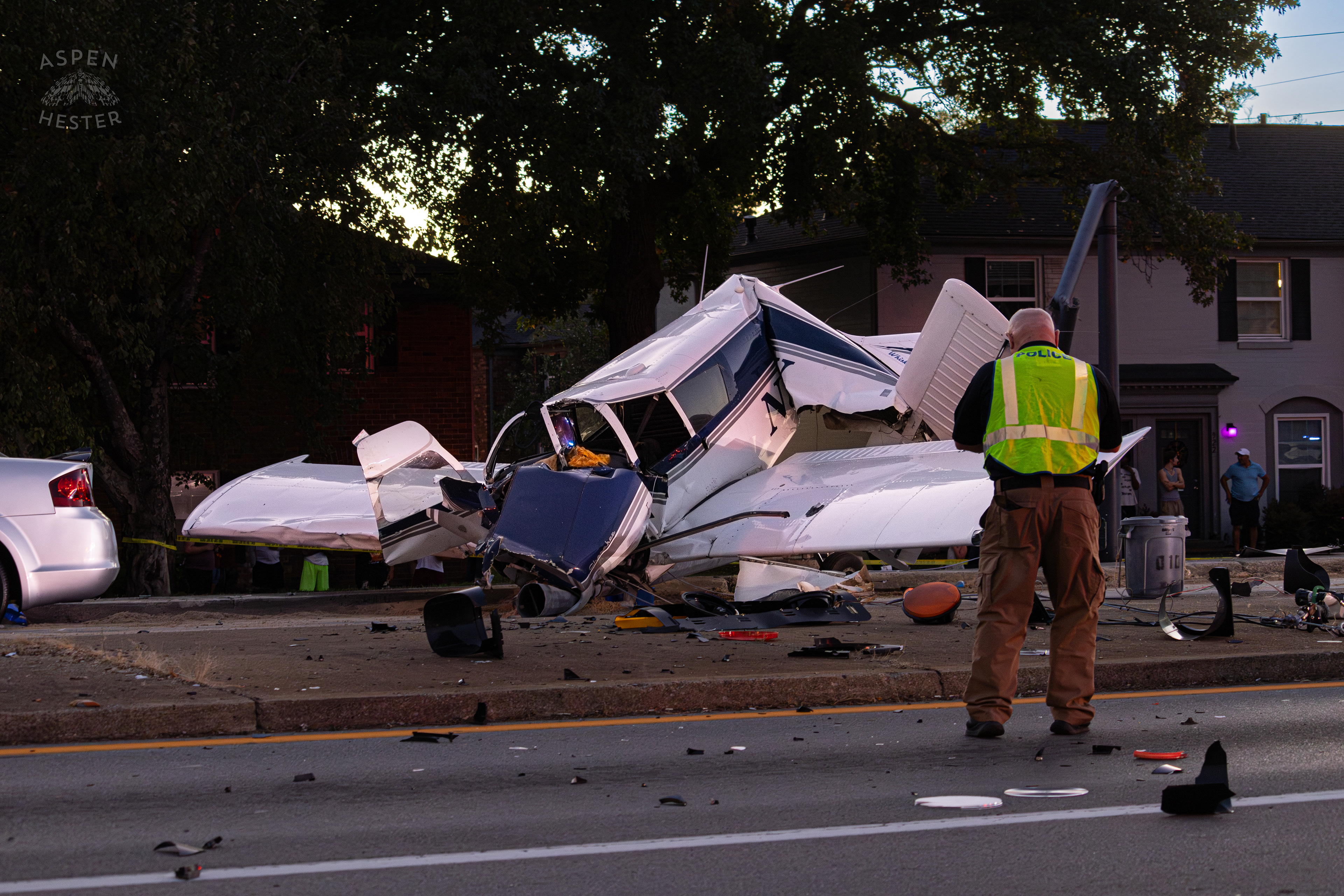 The Piper Cherokee Plane Crumpled after it Crash Landed, Taking Out Utility Poles, and Hitting A Car on Breckenridge Lane and Kresge Way. October 11th, 2024/Aspen Hester 