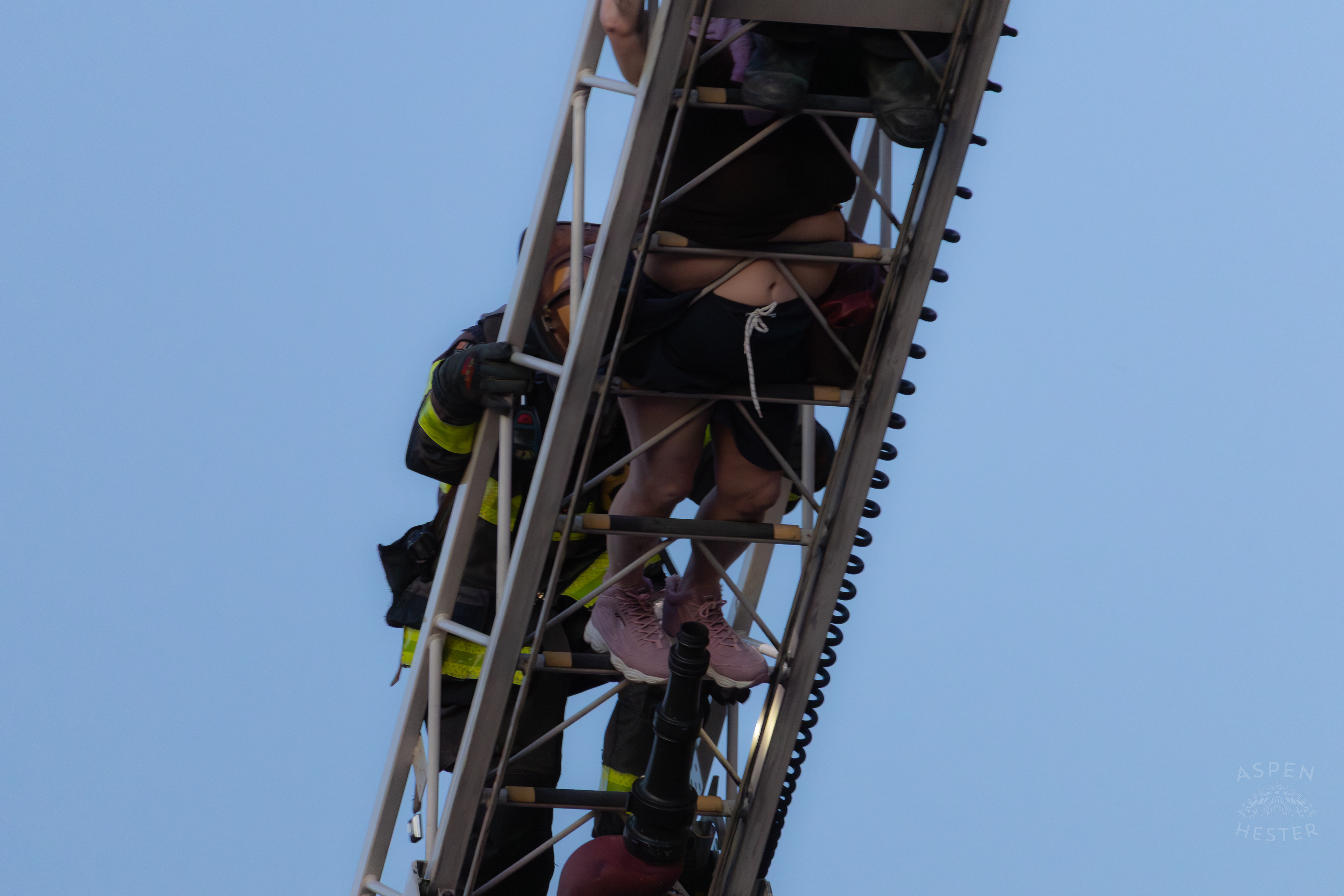 Firefighters Save A Trapped Resident on A High Floor From The Parkview Tower Fire in New Albany Indiana. March 22nd, 2025/Aspen Hester