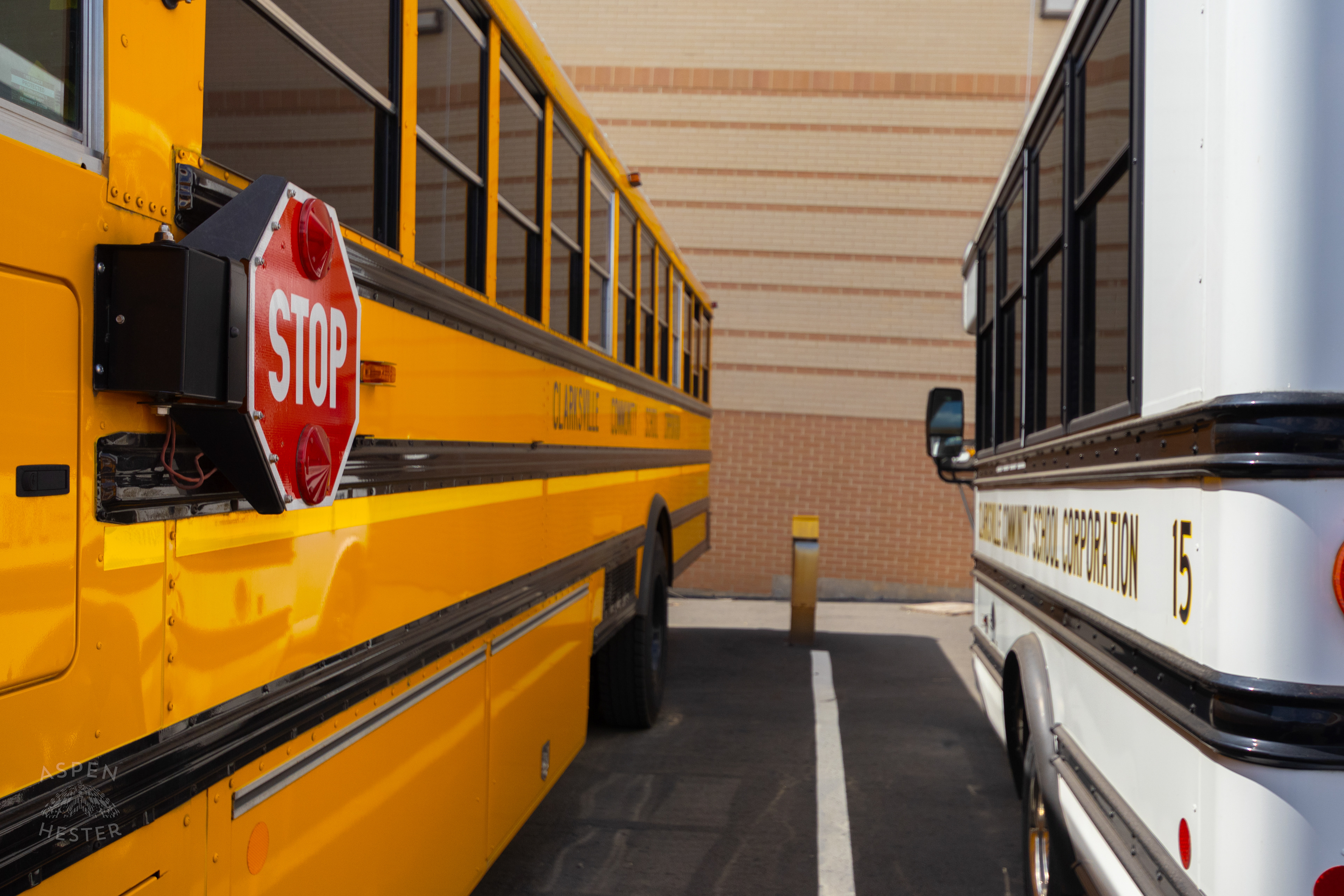Two Clarksville Community School Cooperation Buses Sitting on The Lot. August 14th, 2024/Aspen Hester