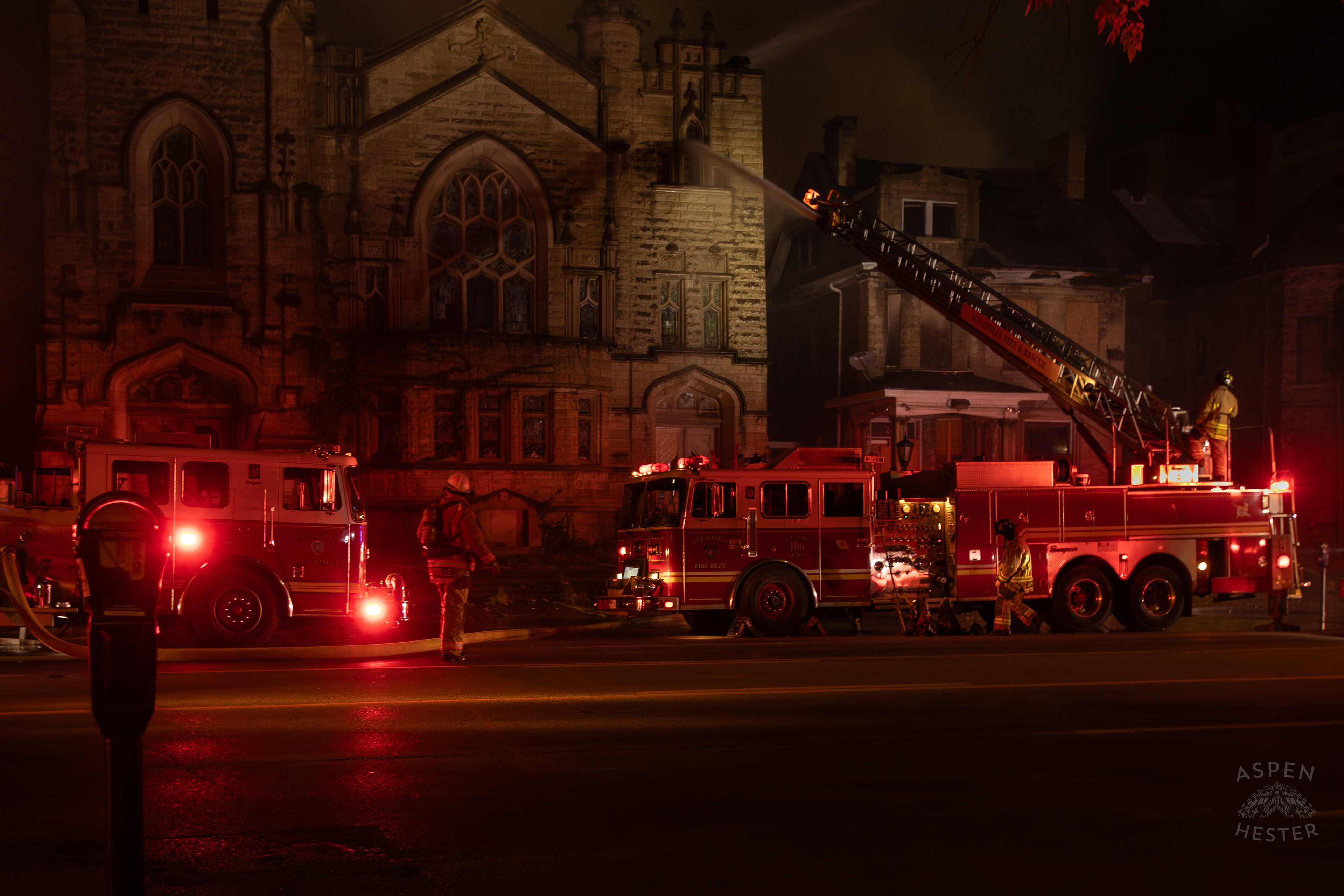The Scene of a Massive 3 Alarm Blaze Engulfing The Vacant St. Paul's German Evangelical Church on East Broadway. October 9th, 2024/Aspen Hester