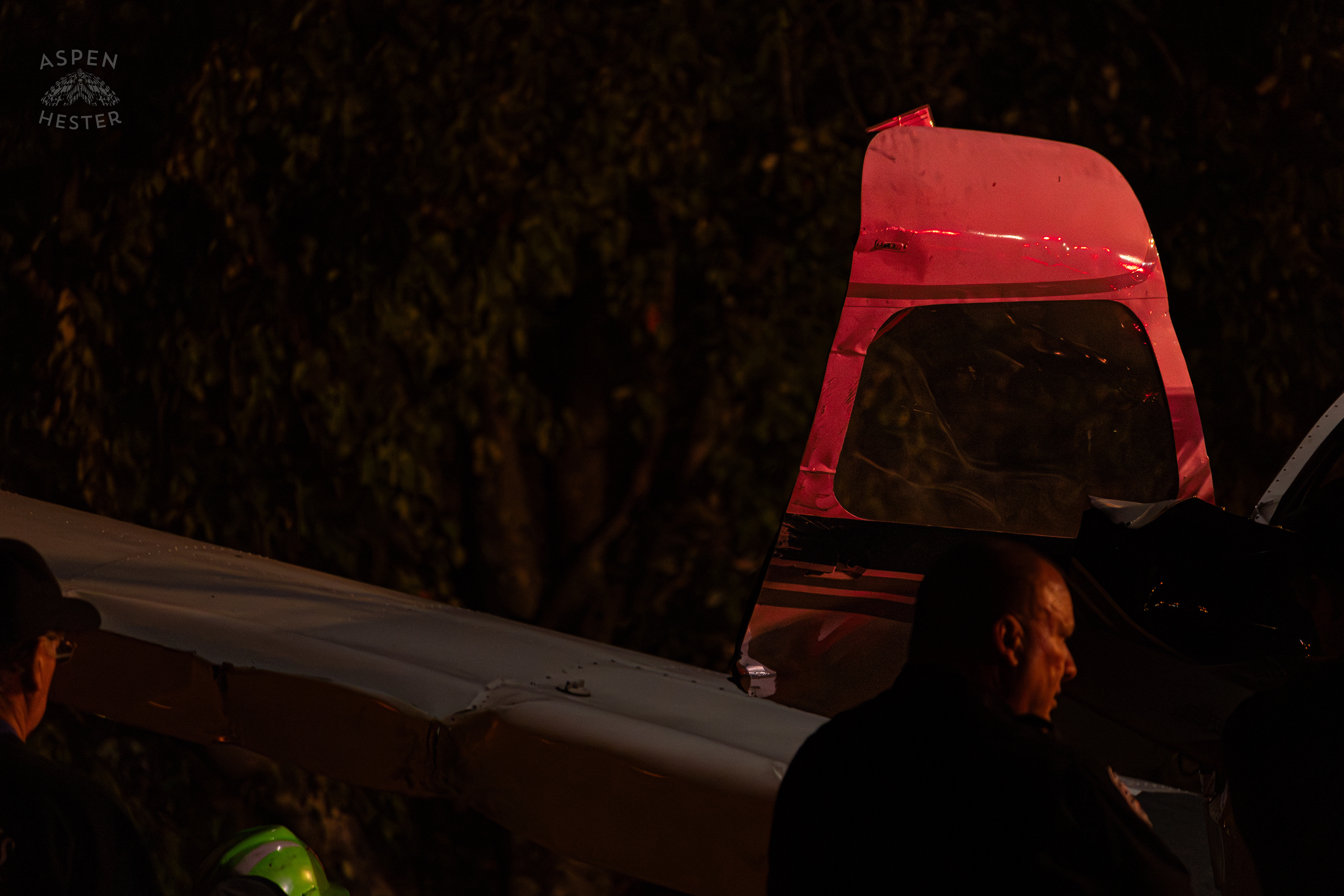 Smashed Door of The Piper Cherokee Plane after it Crash Landed, Taking Out Utility Poles, and Hitting A Car on Breckenridge Lane and Kresge Way. October 11th, 2024/Aspen Hester 