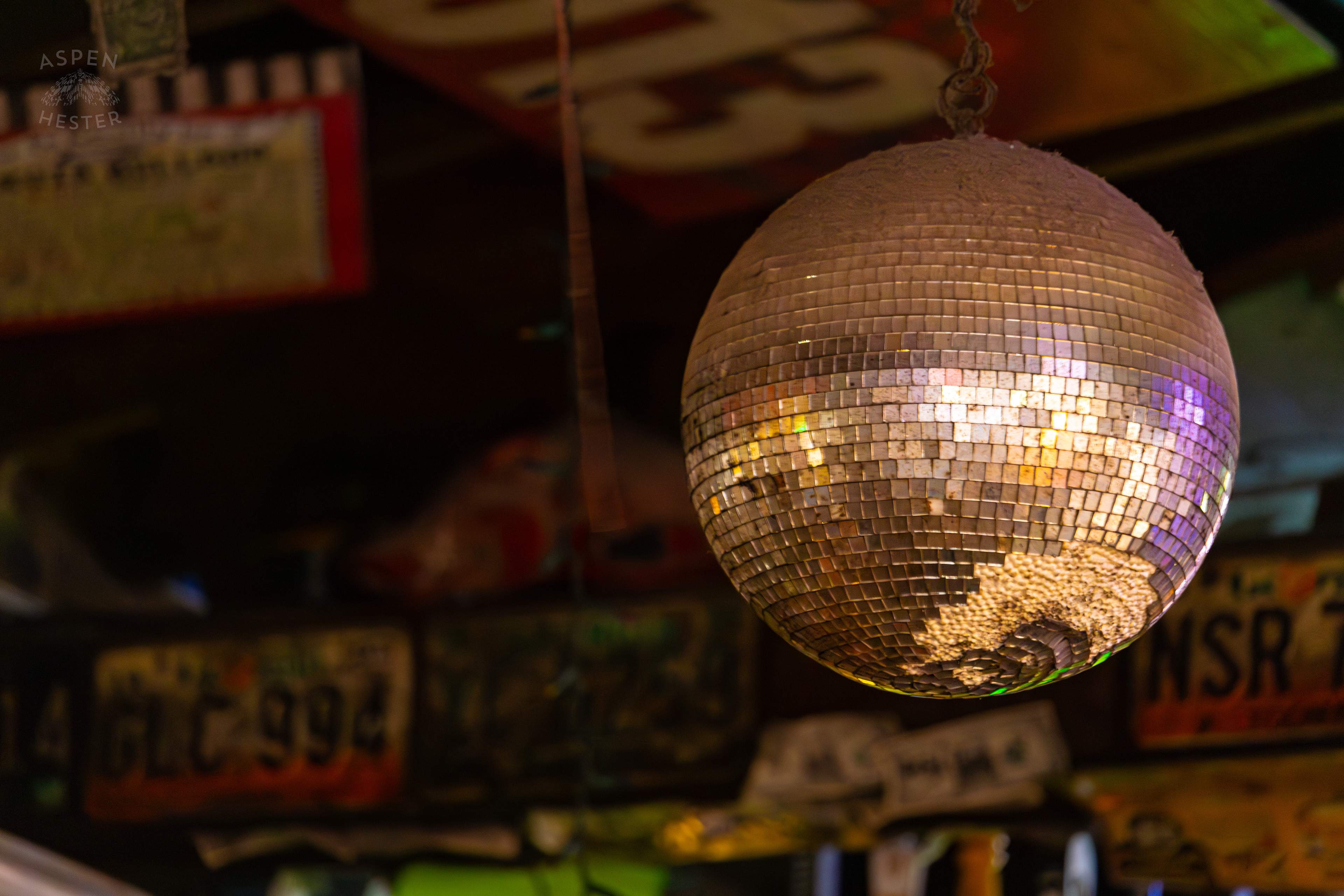 Disco Ball Inside Huc-A-Poos Bites and Booze on Tybee Island Georgia. June 25th, 2024/Aspen Hester