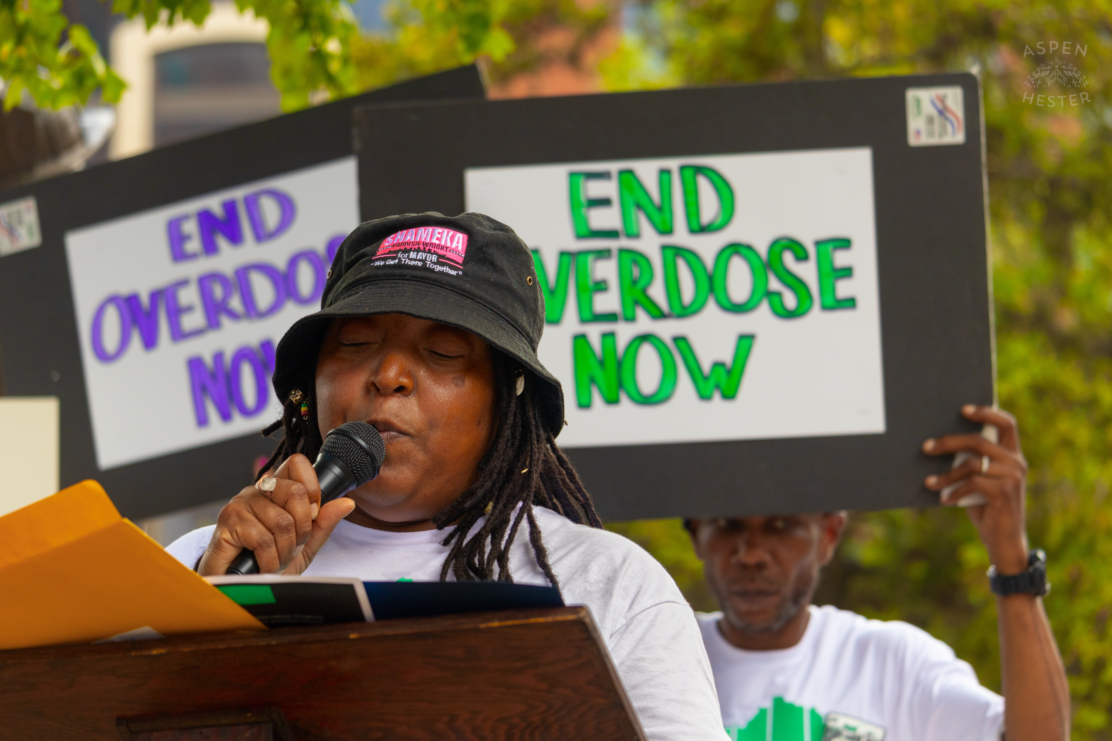 Shameka Parrish-Wright, District 3 Metro Councilwoman, and Director of Vocal Kentucky Speaks Surrounded by Signs Supporting the Cause at The 3rd Annual Vocal KY International Overdose Awareness Day Rally and March. August 31st, 2024/Aspen Hester
