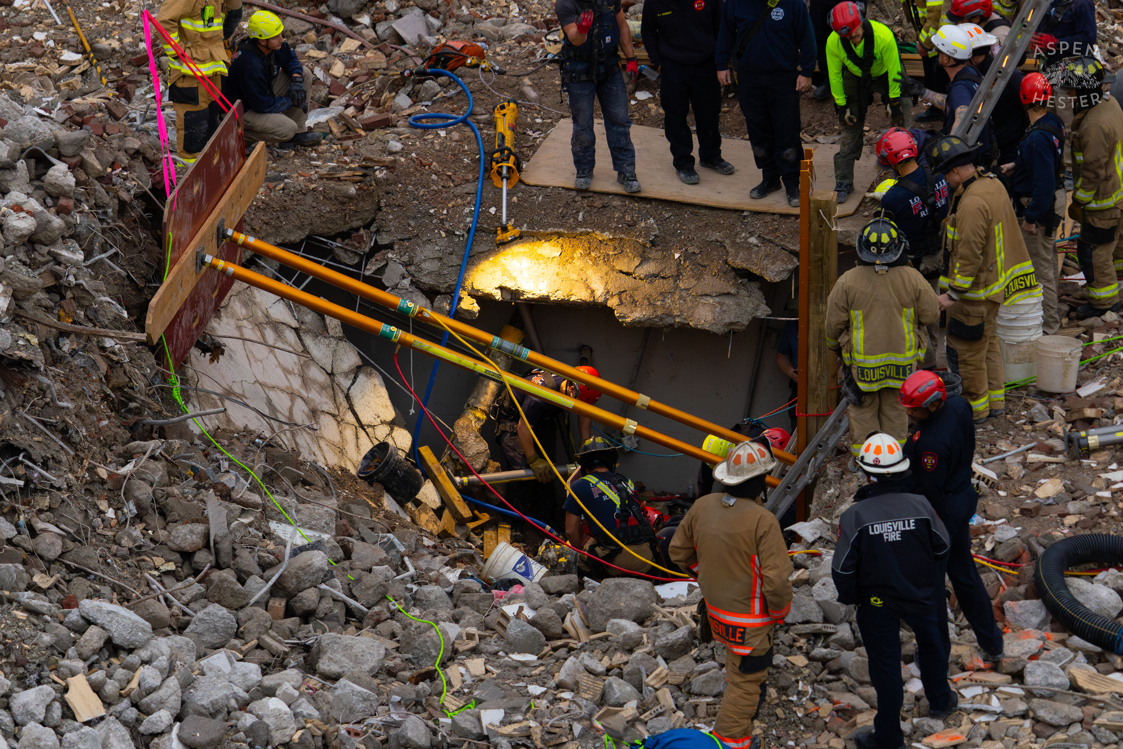 Crew Members Communicate with and Watch Their Crewmates Working Deep Underground During the 8+ Hour LFD Effort to Free A Trapped Demo Worker. November 11th, 2024/Aspen Hester