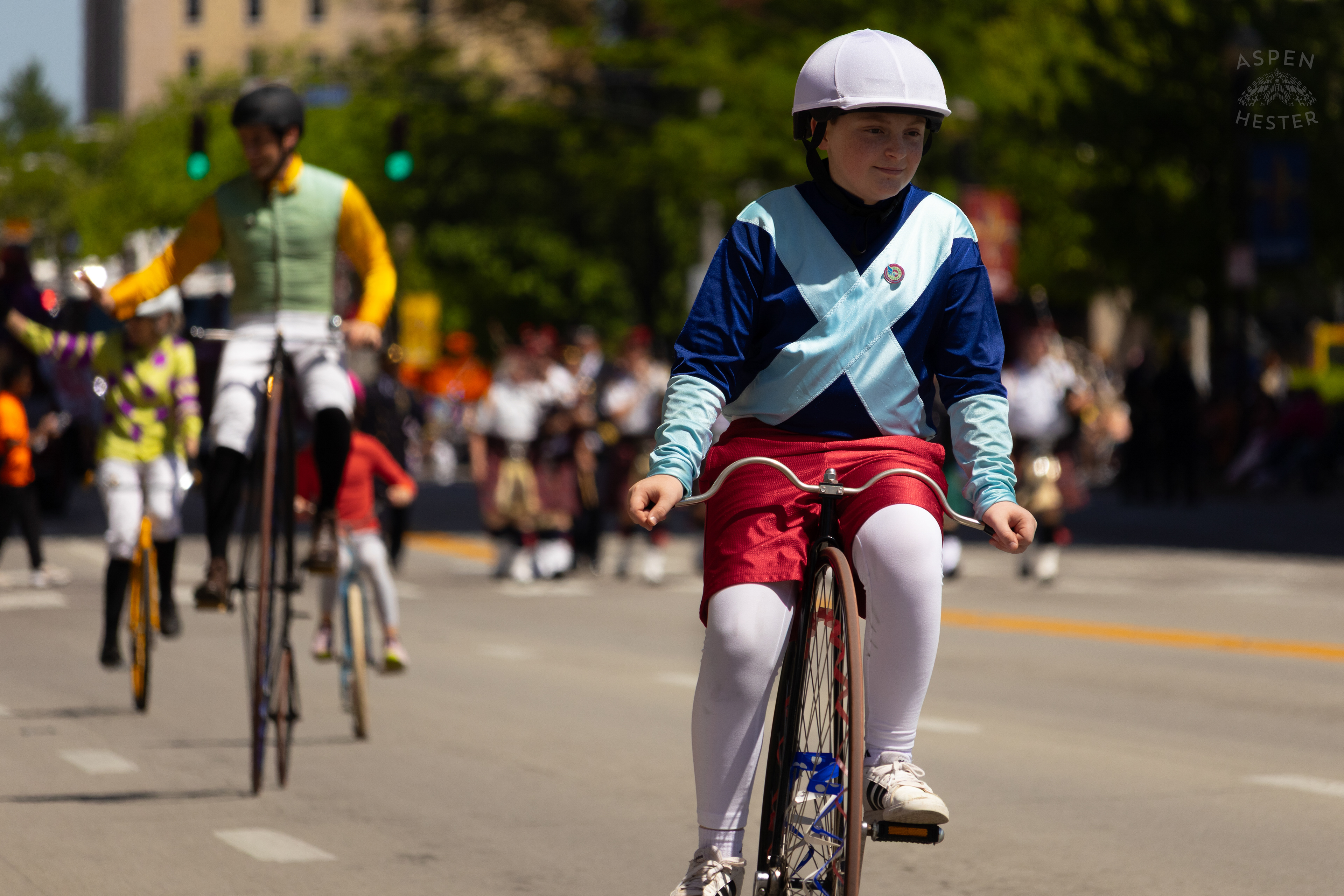 The Victorian Bike Riding Jockeys Glide Down West Broadway for The 70th Annual Pegasus Parade. April 27th, 2025/Aspen Hester