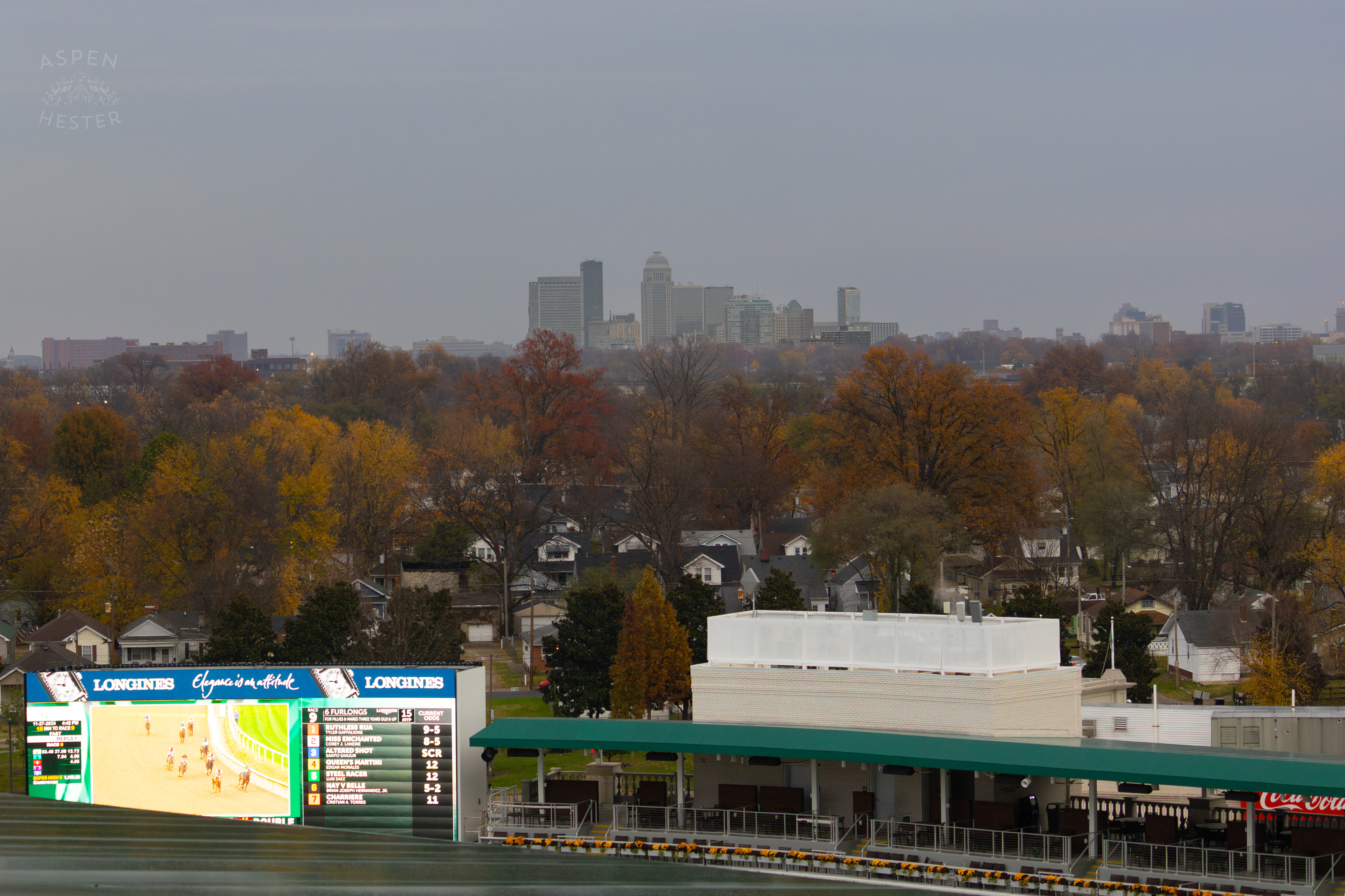 The Louisville Skyline in The Distance On The Day Bob Baffert Returned to Churchill Downs After A 3 Year Suspension. November 27th, 2024/Aspen Hester