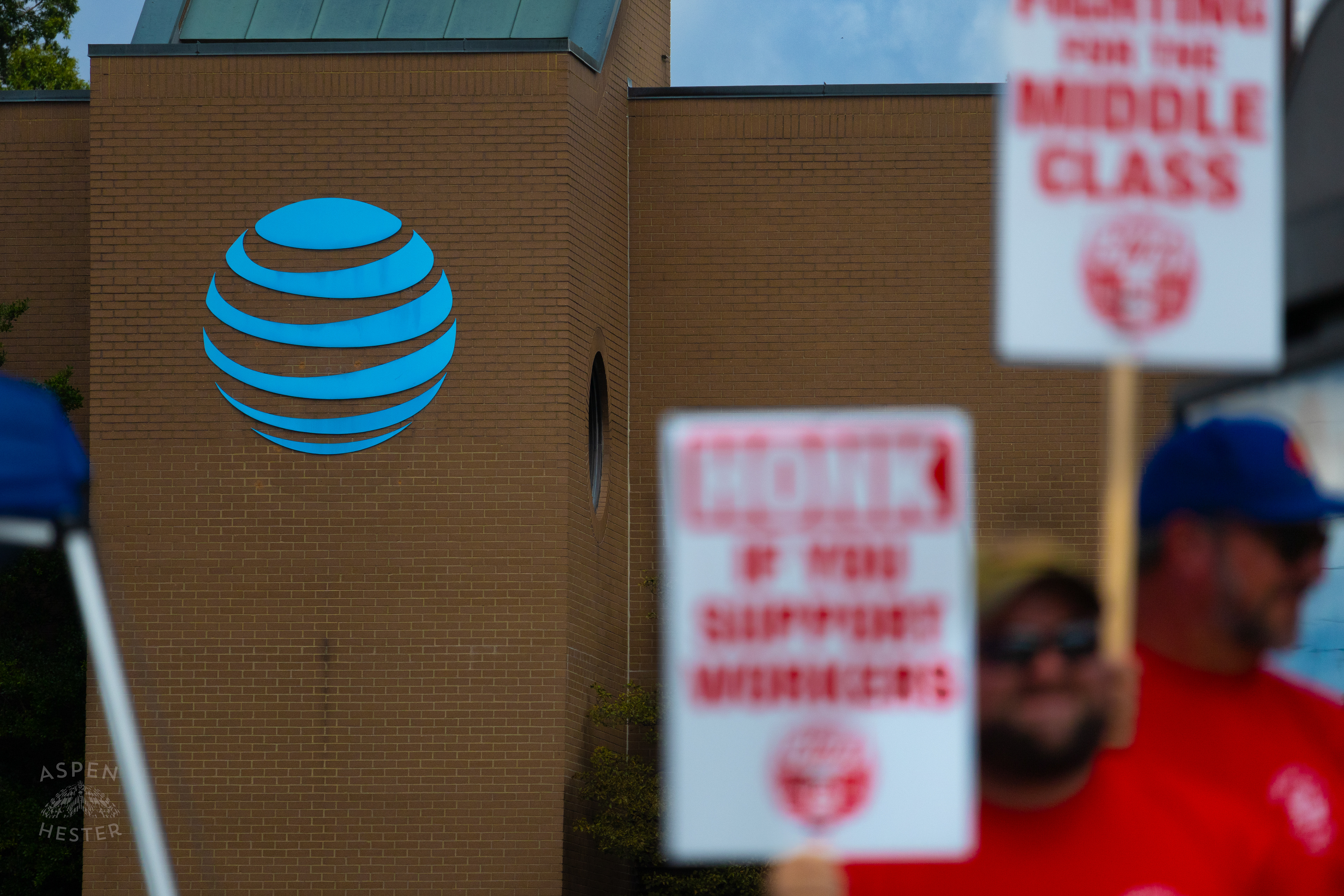 AT&T Building Backdropping Members of The Communication Workers of America Union and Supporters Striking Against AT&T for Fair Pay and Benefits. August 18th, 2024/Aspen Hester