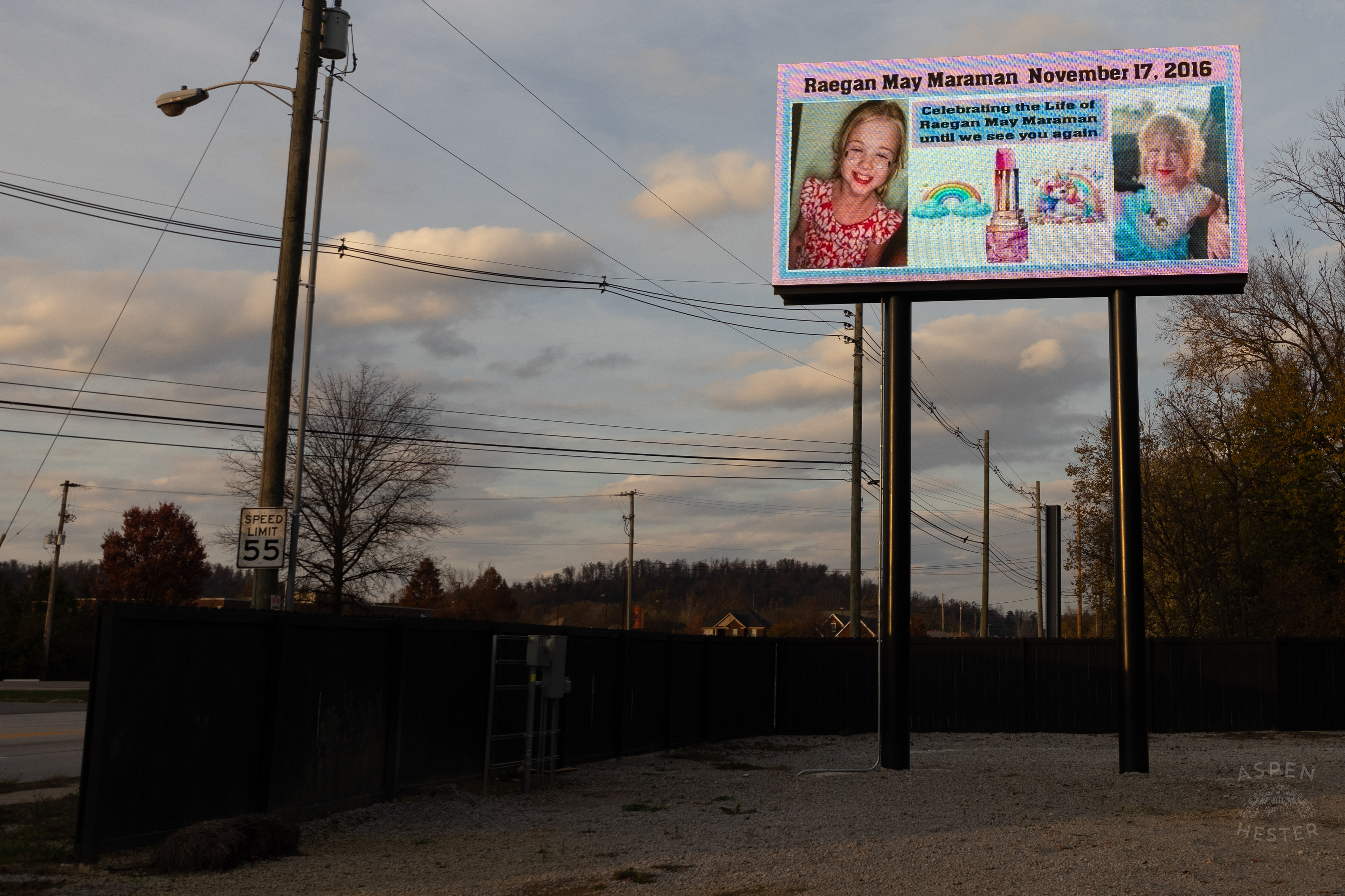 The Billboard That Tina Swann Pays for and Designs in Remembrance Every Year on Her Granddaughter Raegan Maramans Birthday so That The Community of Lebanon Junction Never Forgets Her Tragic House Fire Death. November 17th, 2024/Aspen Hester
