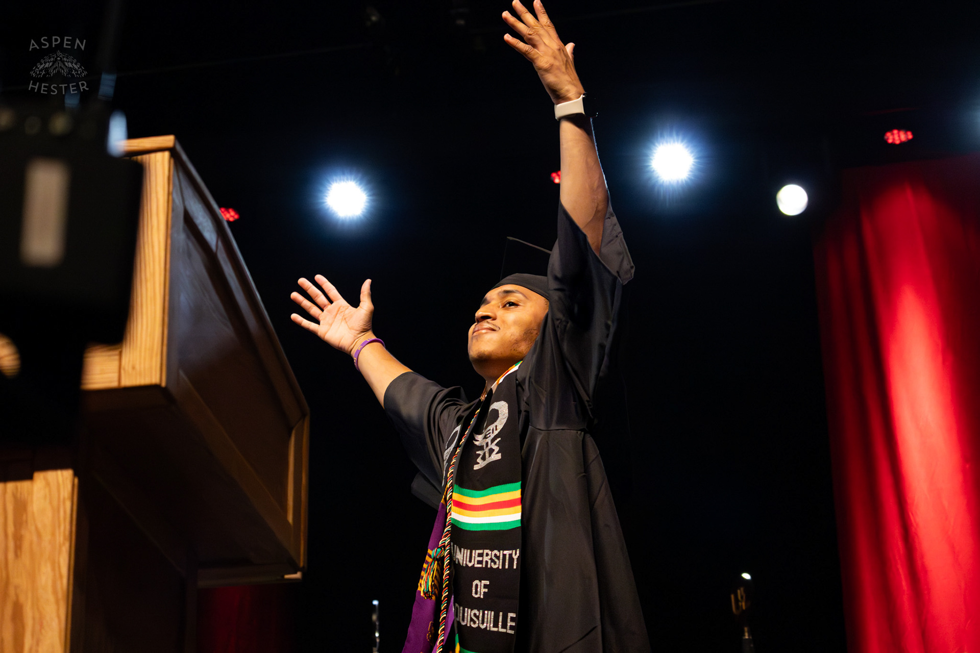 Student Celebrating at UofL's 2024 Spring Graduation. May 11th, 2024/Aspen Hester