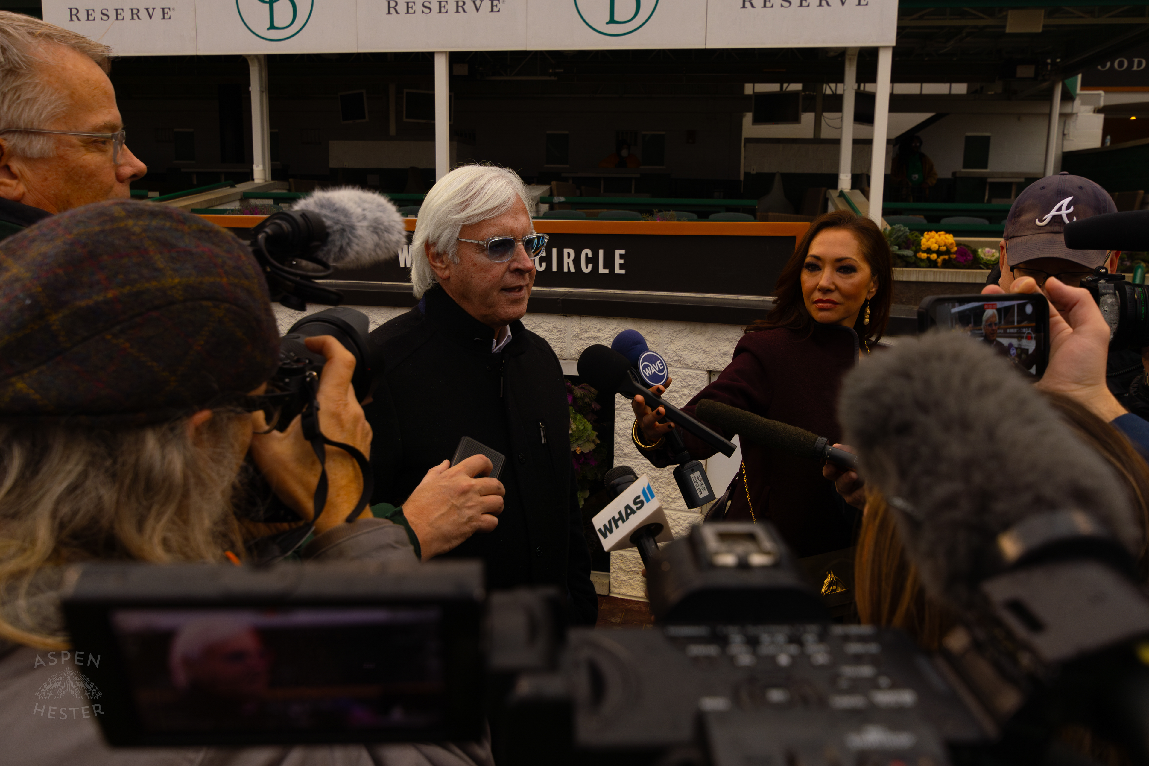 Bob Baffert Surrounded By Local Reporters After Winning His First Race Back at Churchill Downs After A 3 Year Suspension. November 27th, 2024/Aspen Hester
