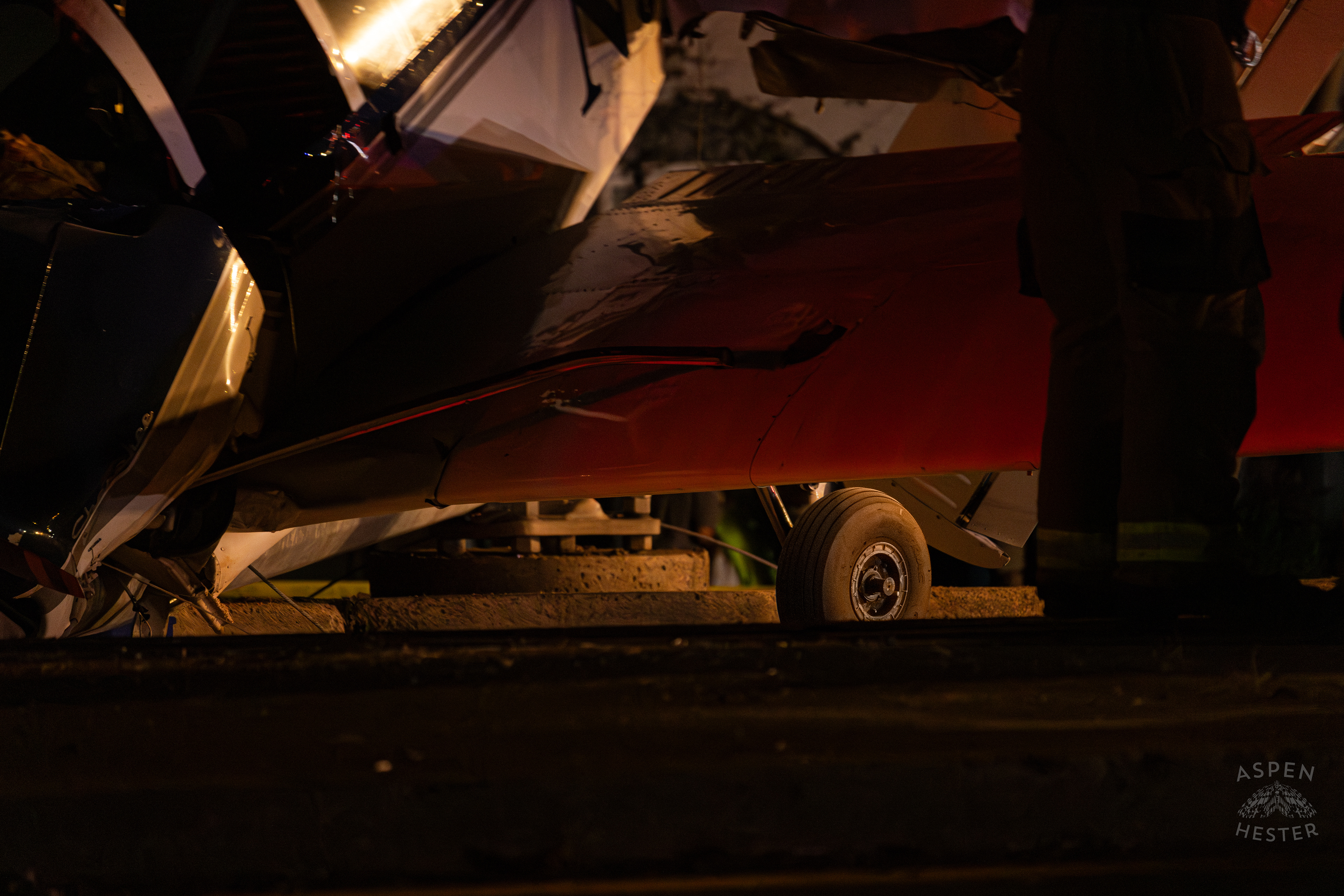 The Piper Cherokee Plane Crumpled after it Crash Landed, Taking Out Utility Poles, and Hitting A Car on Breckenridge Lane and Kresge Way. October 11th, 2024/Aspen Hester 
