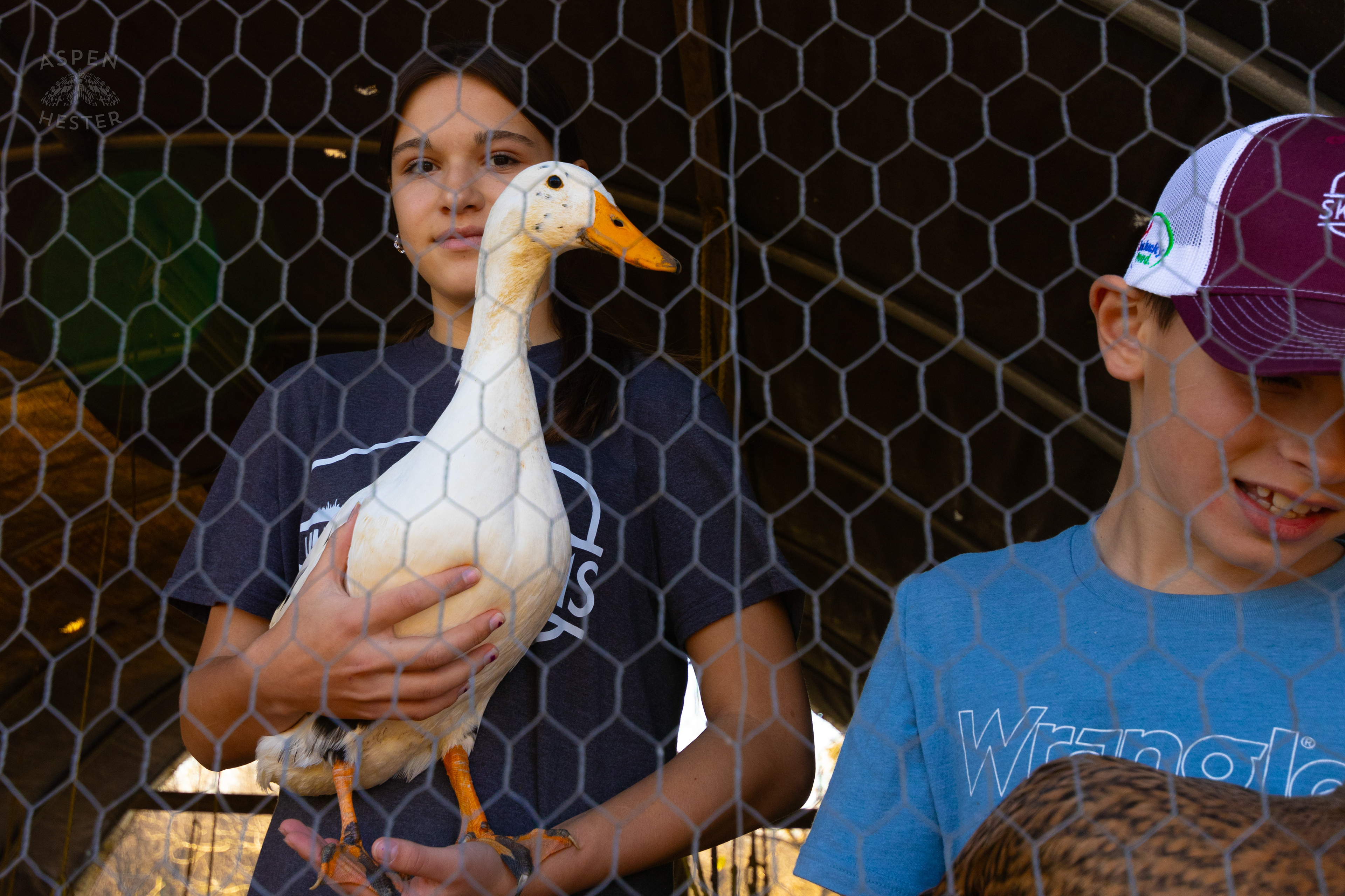 Nella Skinner Showing Off Her Duck Jaquavious on Skinner Farms Thanksgiving Turkey Pick Up Day. November 24th, 2024/Aspen Hester