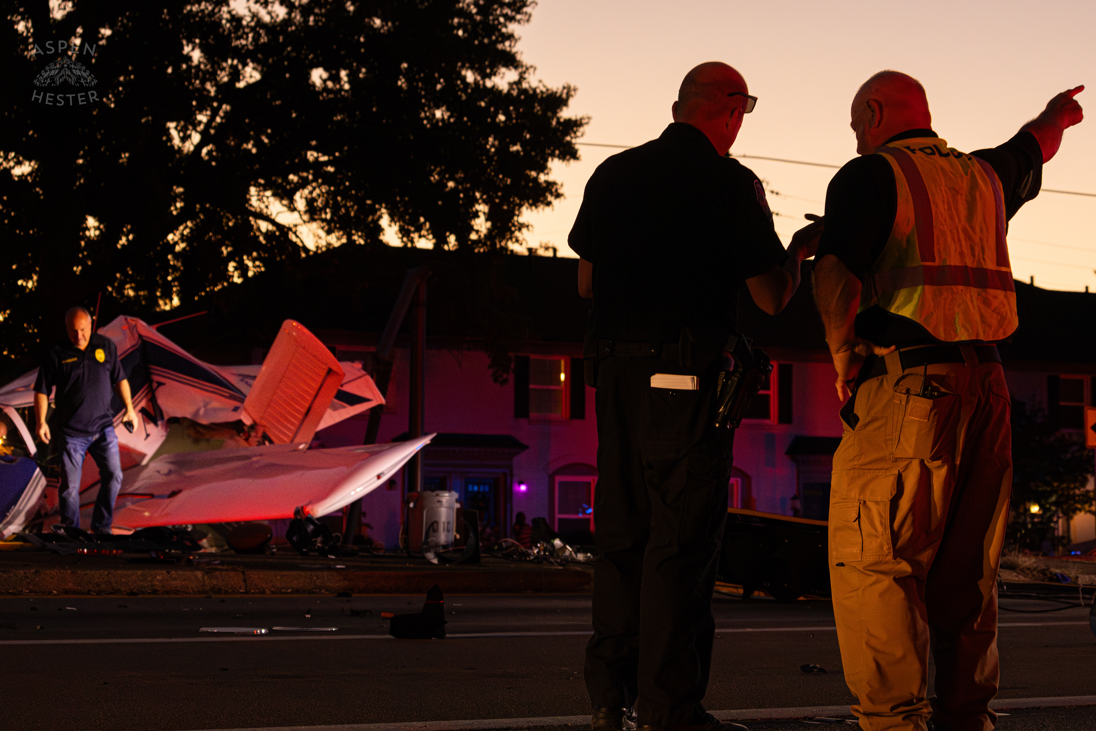 Police Investigating The Scene Where A Piper Cherokee Plane Crash Landed, Taking Out Utility Poles, and Hitting A Car on Breckenridge Lane and Kresge Way. October 11th, 2024/Aspen Hester 