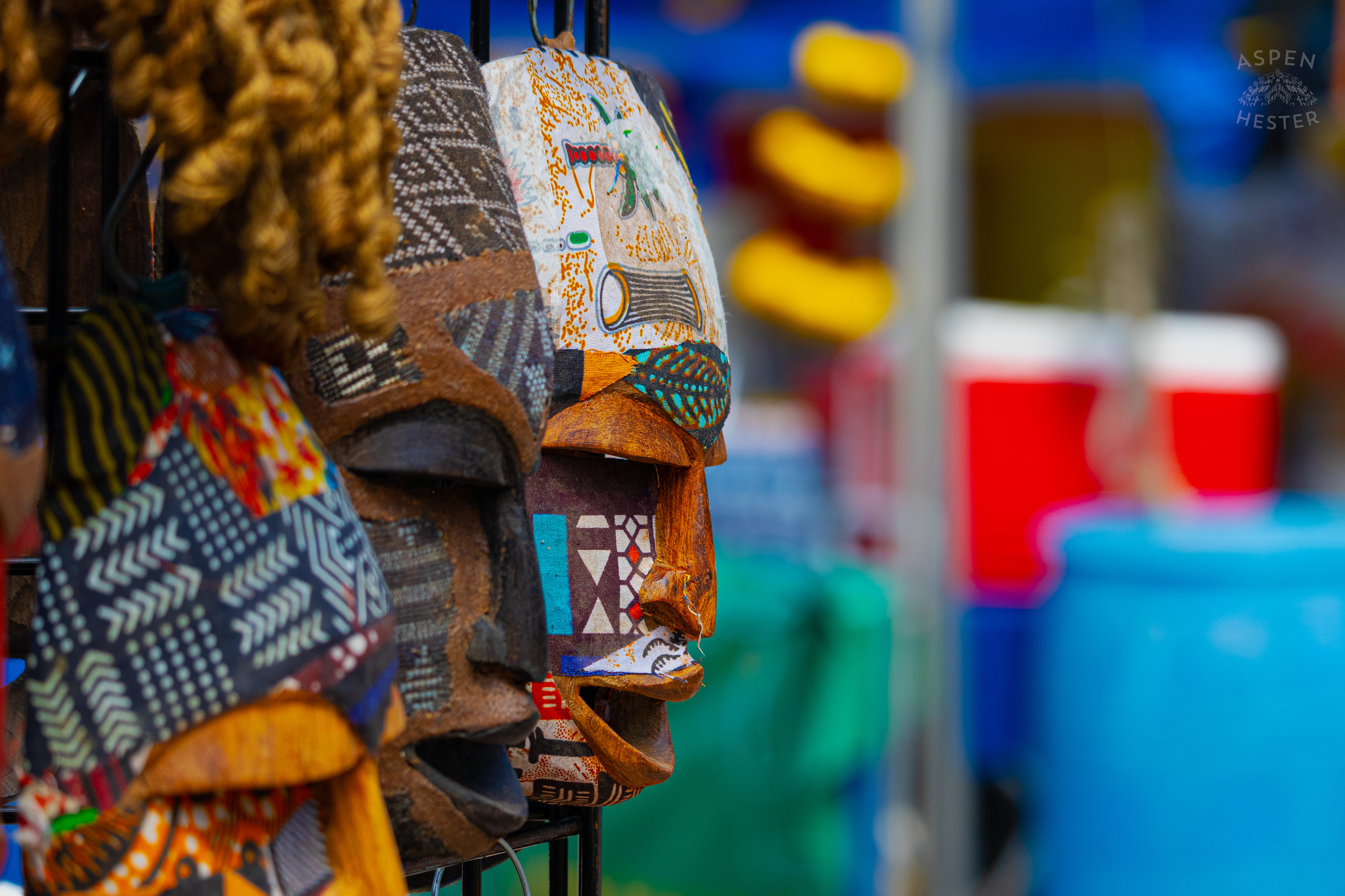 Traditional Senegalese Masks Being Sold by Niang African Art at Opening Day of The 22nd Annual WorldFest. August 30th, 2024. Aspen Hester
