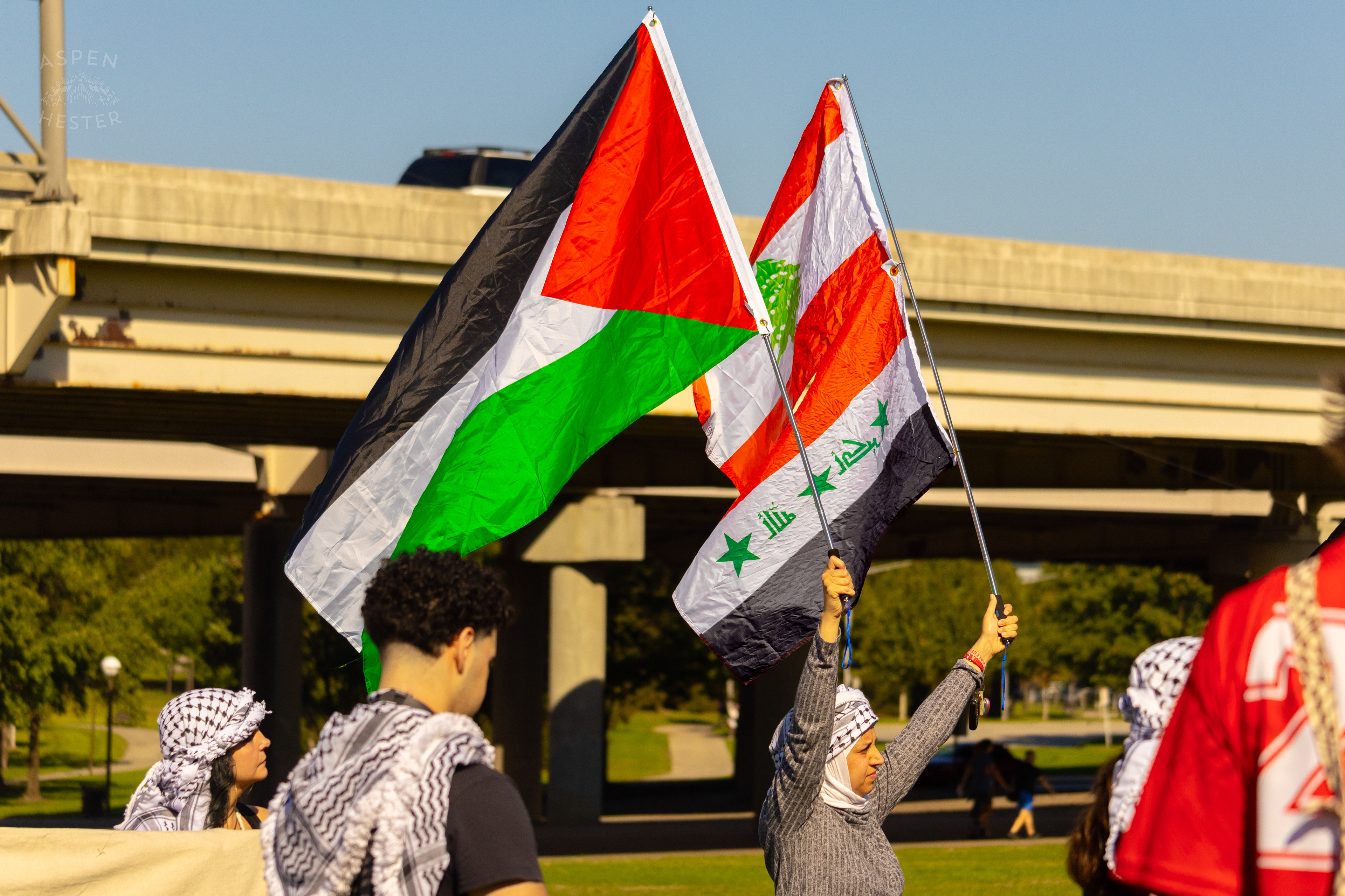 Palestinian Flags Fly During Lousiville’s One Year of Gaza Genocide Rally. October 5th, 2024/Aspen Hester 