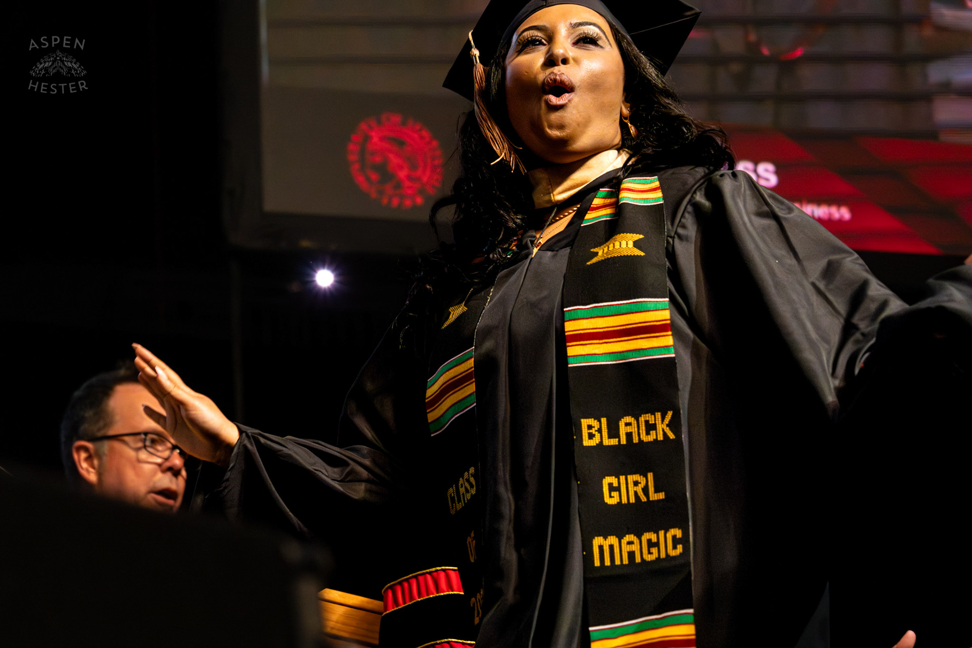 Student Celebrating at UofL's 2024 Spring Graduation. May 11th, 2024/Aspen Hester