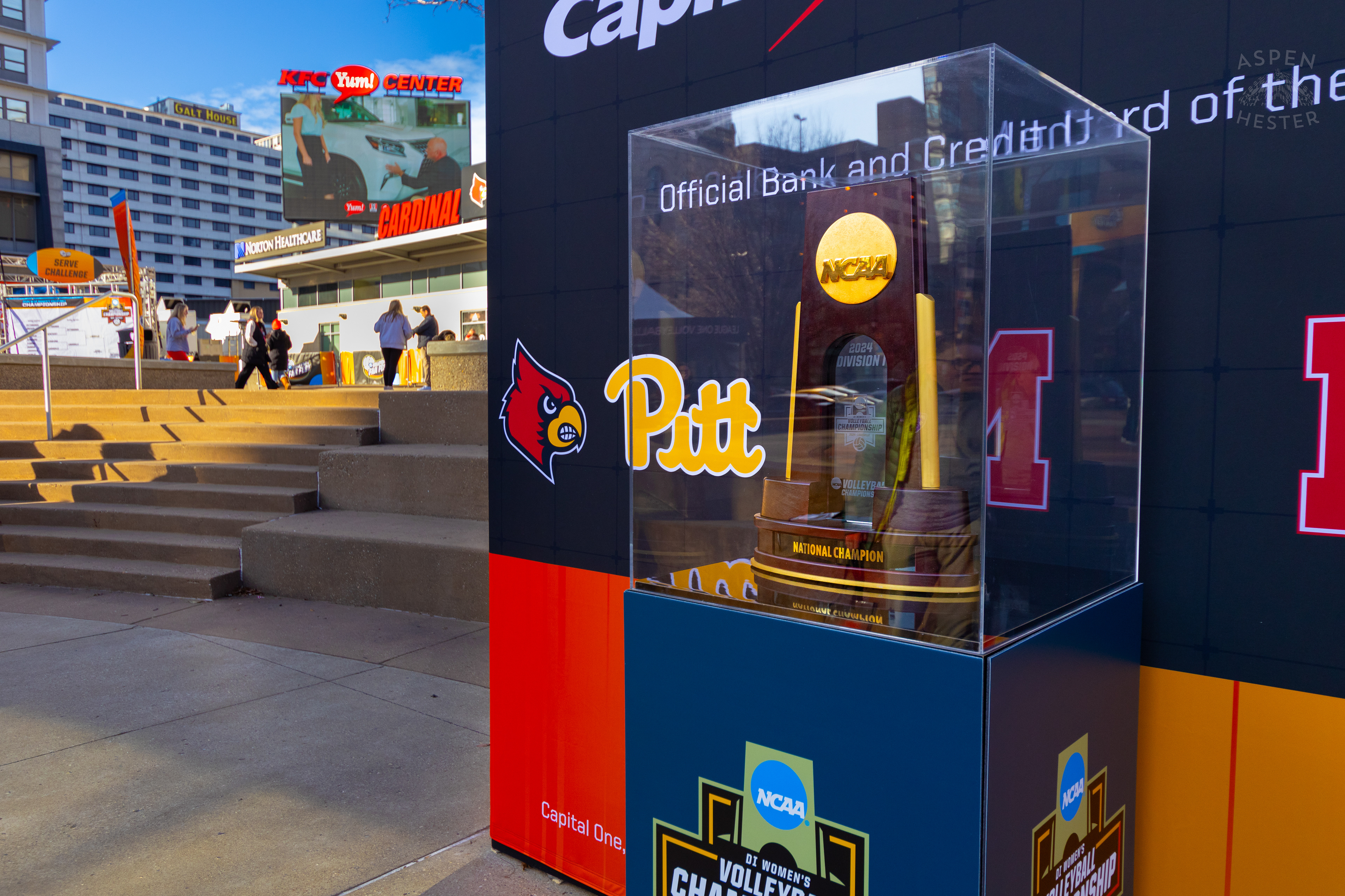 The NCAA Women’s Volleyball Championship Trophy Out The KFC Yum Center. December 22th, 2024/Aspen Hester