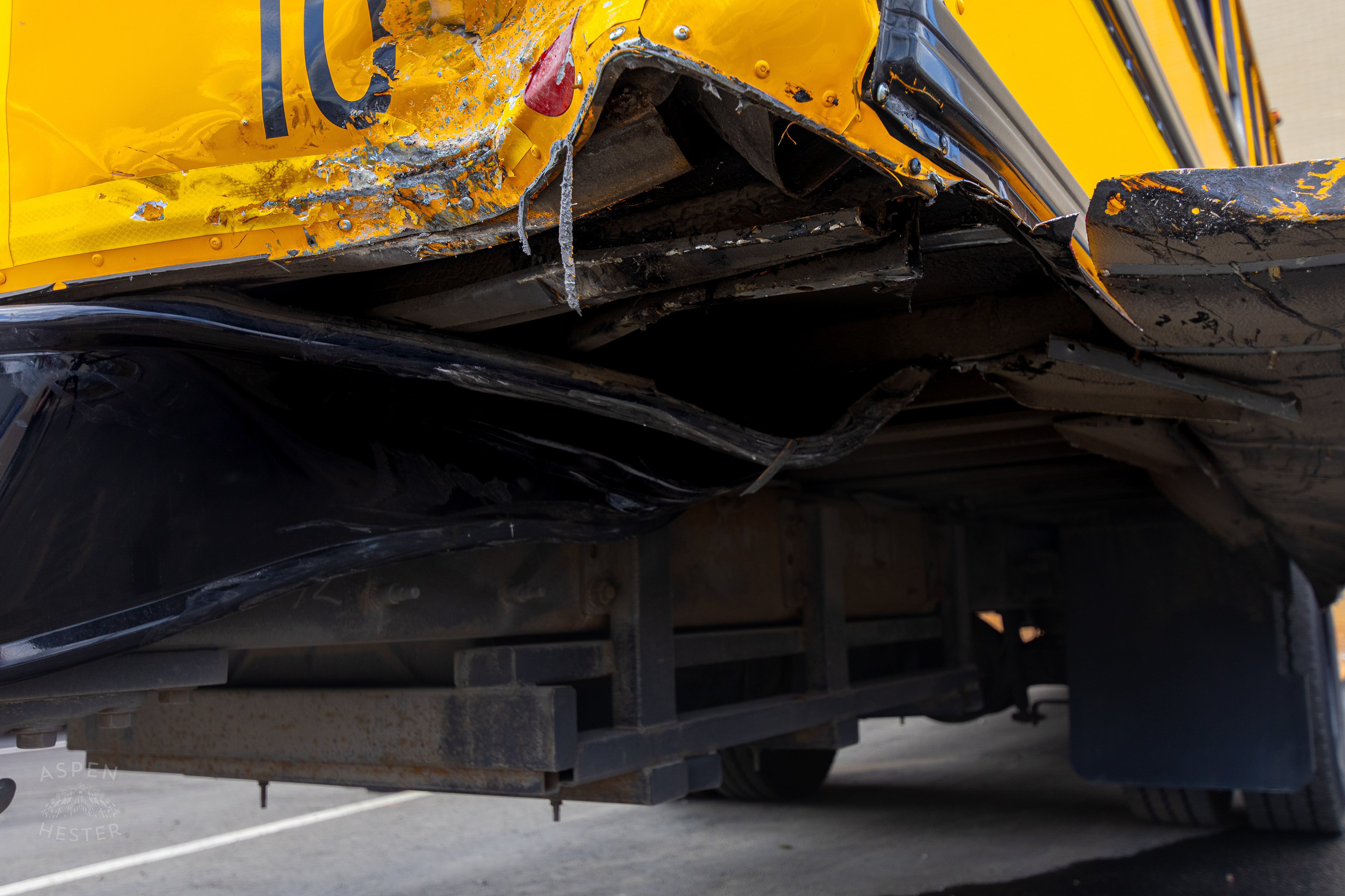 The Damage Done to A Clarksville Community School Cooperation Bus After A Dodge Charger Crashed into it at Full Speed. August 14th, 2024/Aspen Hester