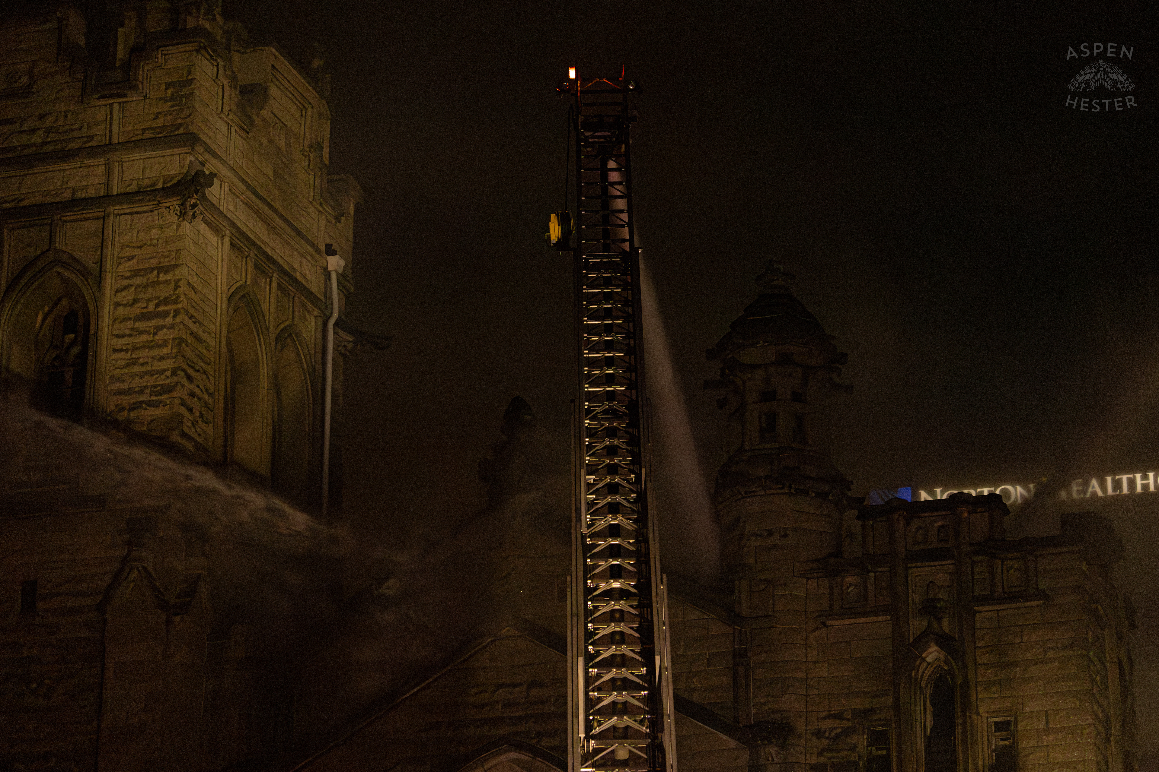 Fully Extended Ariel Looms Over The Vacant St. Paul's German Evangelical Church as a Massive 3 Alarm Blaze Engulfs it on East Broadway. October 9th, 2024/Aspen Hester