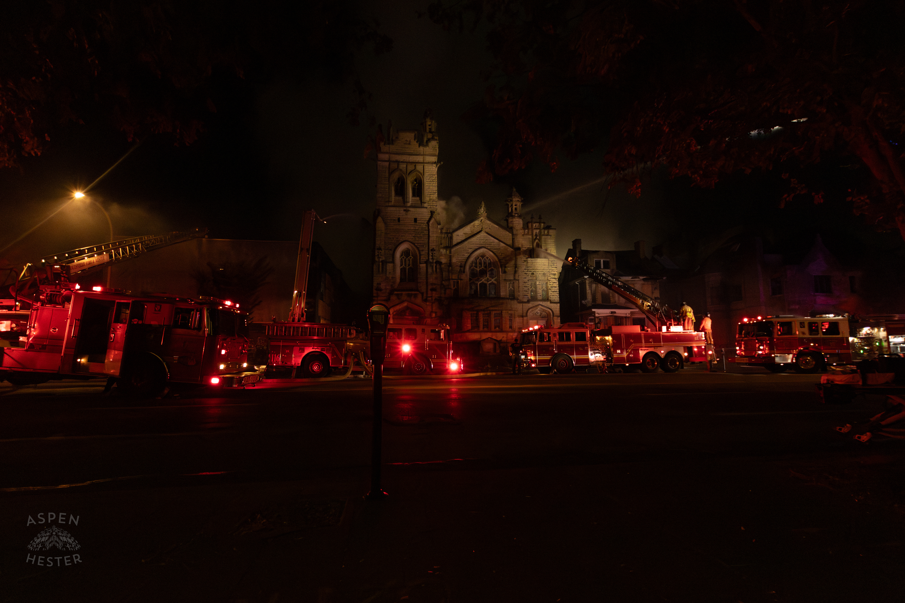 The Scene of a Massive 3 Alarm Blaze Engulfing The Vacant St. Paul's German Evangelical Church on East Broadway. October 9th, 2024/Aspen Hester